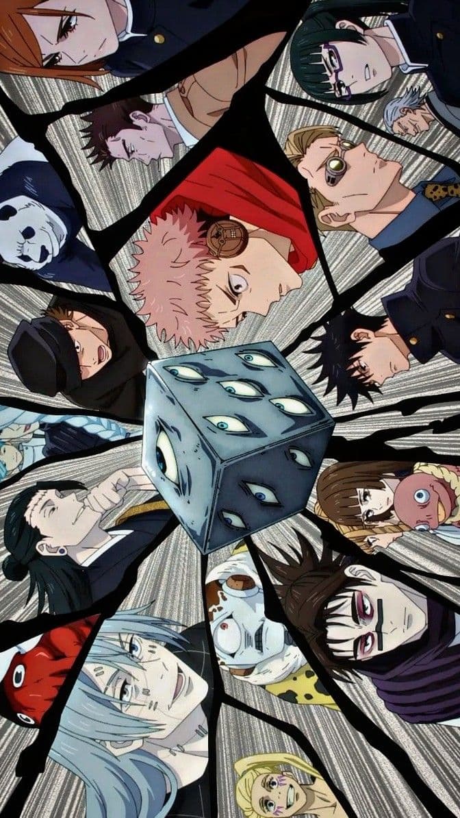 This dynamic composition features a large ensemble of characters from Jujutsu Kaisen arranged in a radial pattern around a central focal point. The central object is the Prison Realm, a metallic cube covered in numerous realistic human eyes, which serves as the anchor for the visual narrative. Each character is framed within a jagged, shard-like segment resembling broken glass or a fractured mirror, with their gazes directed toward the center. The characters are dressed in their signature sorcerer uniforms and diverse attire, ranging from high-collared black jackets to traditional robes and modern streetwear. The artistic style utilizes sharp linework and professional cel-shading characteristic of modern high-budget TV anime. The overall atmosphere is tense and ominous, reflecting a high-stakes supernatural conflict through its fragmented perspective and dramatic character expressions.