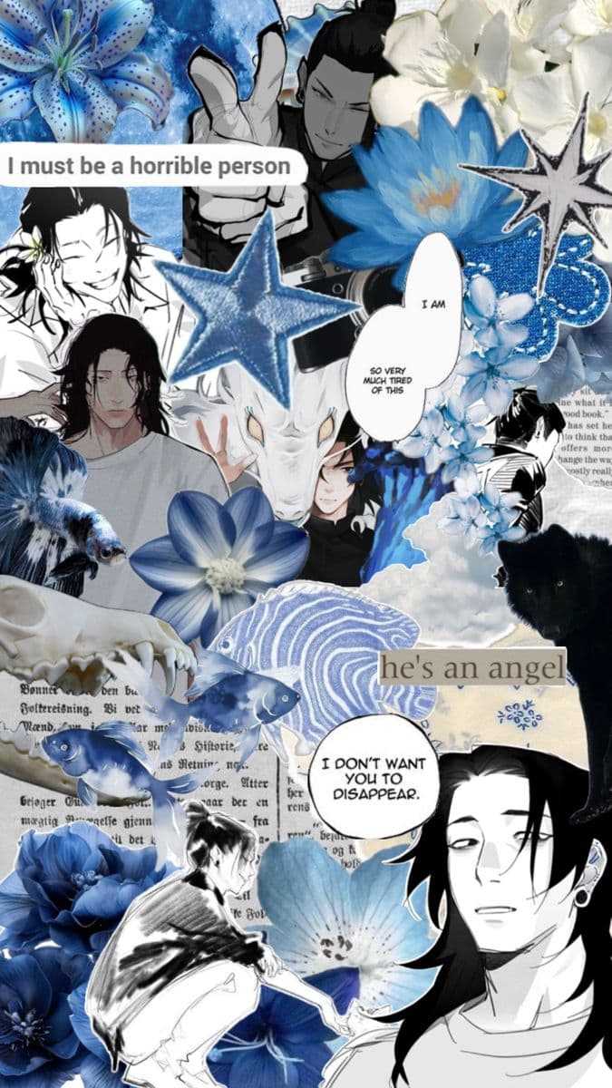This image is a complex digital collage featuring the character Suguru Geto from Jujutsu Kaisen in various manga-style depictions. The character is shown with his signature long dark hair, often tied in a half-bun, wearing modest clothing such as high-collared dark uniforms and a simple white t-shirt. The composition is densely packed with symbolic elements including blue lilies, lotus flowers, a white dragon, a black wolf, and various fish, all layered over vintage paper textures and newspaper clippings. Speech bubbles and text overlays like 'I must be a horrible person' and 'he's an angel' add a narrative layer to the piece. The artistic technique utilizes a 'scrapbook' or 'mood board' aesthetic, blending monochrome manga panels with vibrant blue-toned photography and illustrations. The overall atmosphere is melancholic and introspective, reflecting a sense of internal conflict and tragic beauty.