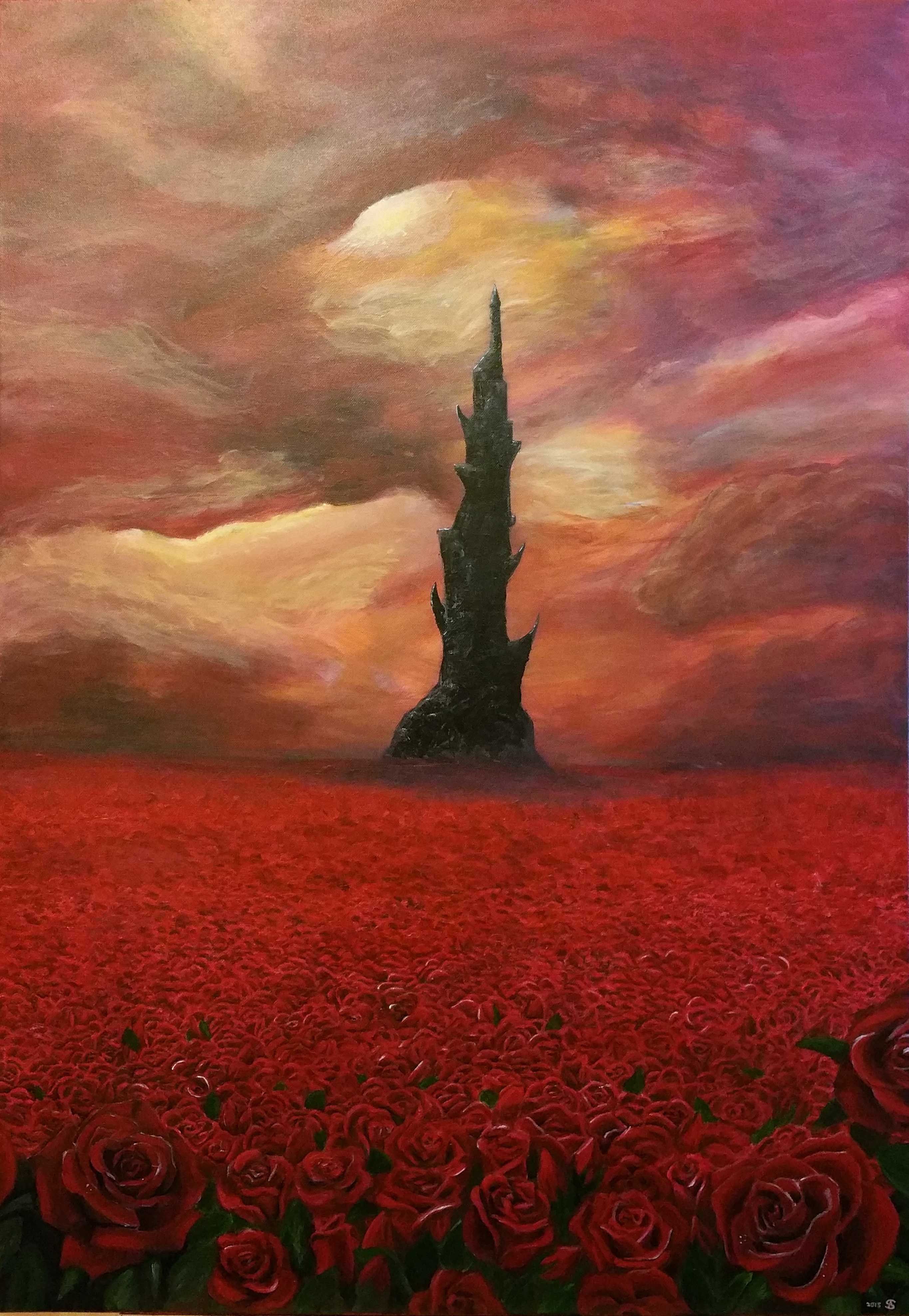This painting depicts a surreal landscape dominated by a vast field of deep red roses stretching to the horizon, with a solitary, jagged, dark spire rising from the center. The sky above is a dramatic canvas of swirling clouds in warm hues of orange, pink, and purple, suggesting either a sunset or a mystical twilight. The foreground features detailed, lush roses with visible petals and green stems, while the distant spire appears weathered and ominous, creating a stark contrast with the vibrant flora. The artwork employs painterly brushstrokes and rich color gradients to evoke a dreamlike, almost mythic atmosphere. The overall mood is contemplative and slightly melancholic, blending beauty with isolation and mystery.