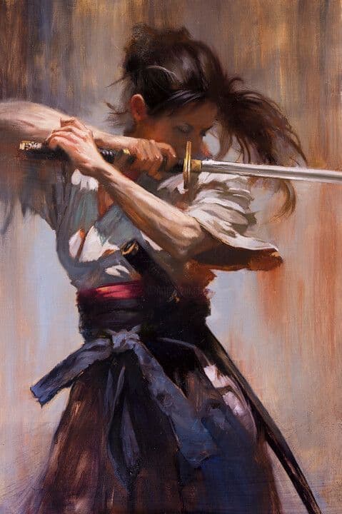 The image portrays a female samurai warrior in a dynamic, mid-swing pose, gripping a katana with both hands as if preparing to strike. She wears a traditional Japanese kimono with a dark blue obi tied at the waist, layered over a lighter-colored undergarment, with her dark hair tied up in a high ponytail. The motion of her arms and flowing fabric suggests intense action, while her focused expression conveys determination. The background is a blurred, painterly gradient of warm browns and creams, emphasizing the subject through motion blur and soft focus. The artwork uses realistic brushwork and dramatic lighting to highlight the tension and power of the moment, creating a sense of urgency and martial discipline.