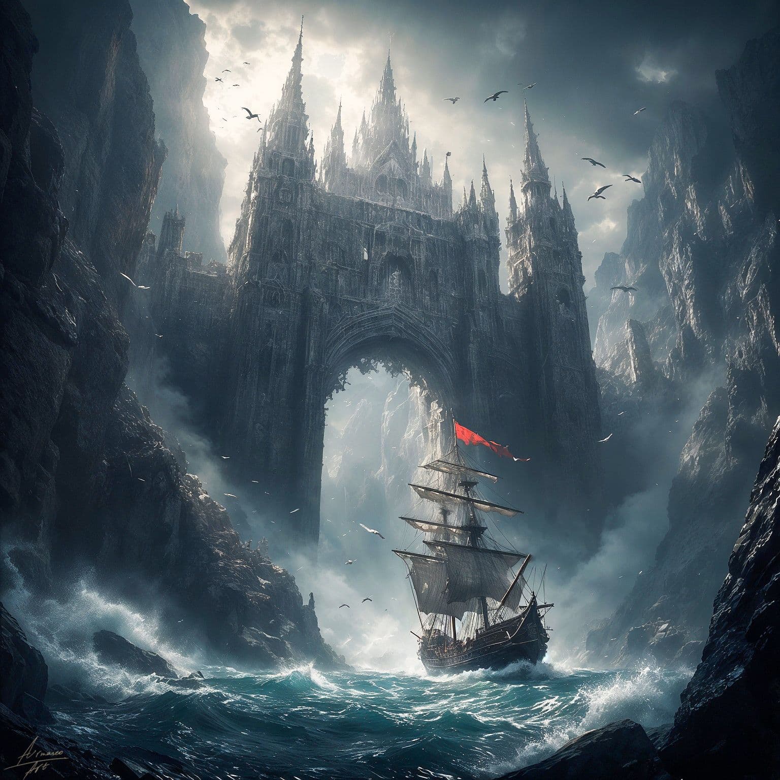 A grand, gothic cathedral-like structure with towering spires and an immense arched gateway dominates a narrow sea passage, its stone facade weathered by time and mist. A single, dark-hulled sailing vessel with multiple masts and a vibrant red flag navigates turbulent, foamy waters, suggesting a perilous journey through a narrow strait. The scene is framed by towering, jagged cliffs on either side, with birds soaring in the stormy, cloud-filled sky above. The lighting is dramatic, with a shaft of bright, diffused daylight piercing through the clouds, illuminating the archway and creating a strong contrast with the shadowed cliffs and turbulent sea. The overall atmosphere is epic and mysterious, evoking themes of adventure, isolation, and the sublime power of nature and architecture.