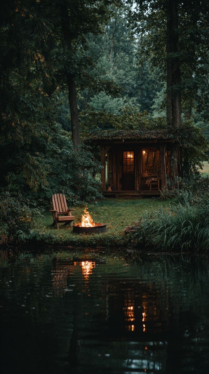 A serene woodland scene features a rustic wooden cabin nestled among tall, dense trees, with warm interior lights glowing through its windows. In the foreground, a small fire burns in a metal fire pit, casting gentle reflections on the still surface of a dark, calm lake. A single wooden Adirondack chair sits invitingly beside the fire, suggesting a peaceful retreat. The overall atmosphere is tranquil and immersive, evoking a sense of solitude and connection with nature. The image employs soft, natural lighting and rich, earthy tones to enhance the mood of quiet contemplation and comfort.