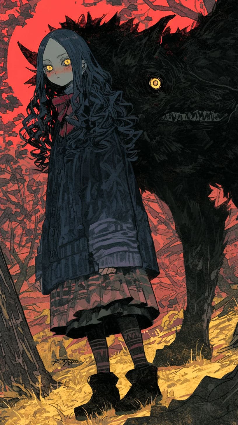 A young girl with long, dark, wavy hair and glowing yellow eyes stands in a desolate, autumnal forest, wearing a layered, dark-toned coat over a patterned skirt and striped socks, with sturdy boots. Behind her looms a massive, shadowy, horned creature with glowing eyes, suggesting a supernatural or fantasy element. The scene is dominated by a blood-red sky and skeletal trees, creating a stark, eerie contrast with the girl's calm demeanor. The art employs bold linework and cel-shaded shading, emphasizing texture and depth. The overall mood is mysterious and slightly ominous, yet the character's stillness and the balanced composition suggest a moment of quiet confrontation or companionship with the beast. The color palette is dominated by deep reds, blacks, and muted earth tones, creating a cohesive, atmospheric visual.
