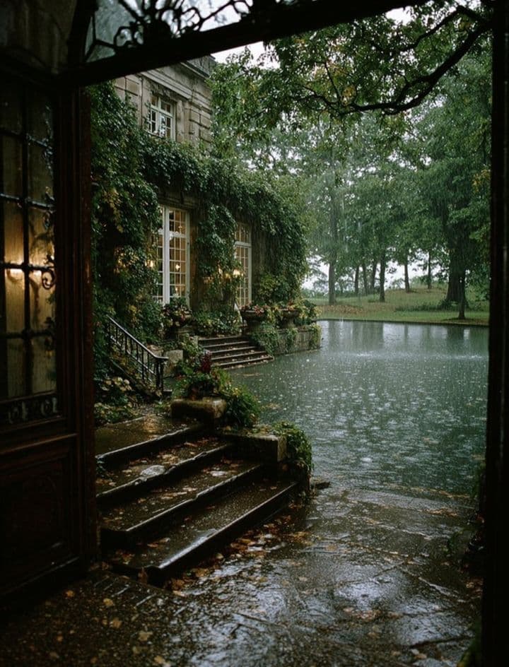 The image captures a tranquil, rain-drenched view from an open doorway into a grand, ivy-clad stone mansion with illuminated windows, suggesting warmth within. Wet stone steps lead down to a reflective pond, where raindrops create gentle ripples on the surface, enhancing the moody atmosphere. The scene is framed by dark, overhanging tree branches and a weathered wooden door, adding depth and a sense of entering a secluded, timeless sanctuary. The photographic style employs soft, diffused natural lighting, emphasizing textures of wet stone, moss, and foliage, while the color palette is dominated by deep greens, muted browns, and the warm glow from interior lights. The overall mood is serene, contemplative, and slightly melancholic, evoking a sense of quiet solitude and natural beauty.