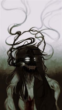 The image portrays a menacing, shadowy figure with long, tangled black hair that swirls like smoke around its head, obscuring its face. Its eyes glow with an eerie white light, and its mouth is wide open, revealing sharp, jagged teeth in a grimace. The character wears a dark, tattered garment that appears to be a coat or robe, with visible fabric folds and a blood-stained area near the chest. The background is a muted, foggy gray, enhancing the ominous atmosphere. The art style is highly detailed with soft shading and atmospheric depth, creating a sense of dread and mystery. The overall tone is dark and unsettling, evoking themes of horror or psychological torment, though the character's attire and posture remain fully covered and non-suggestive.