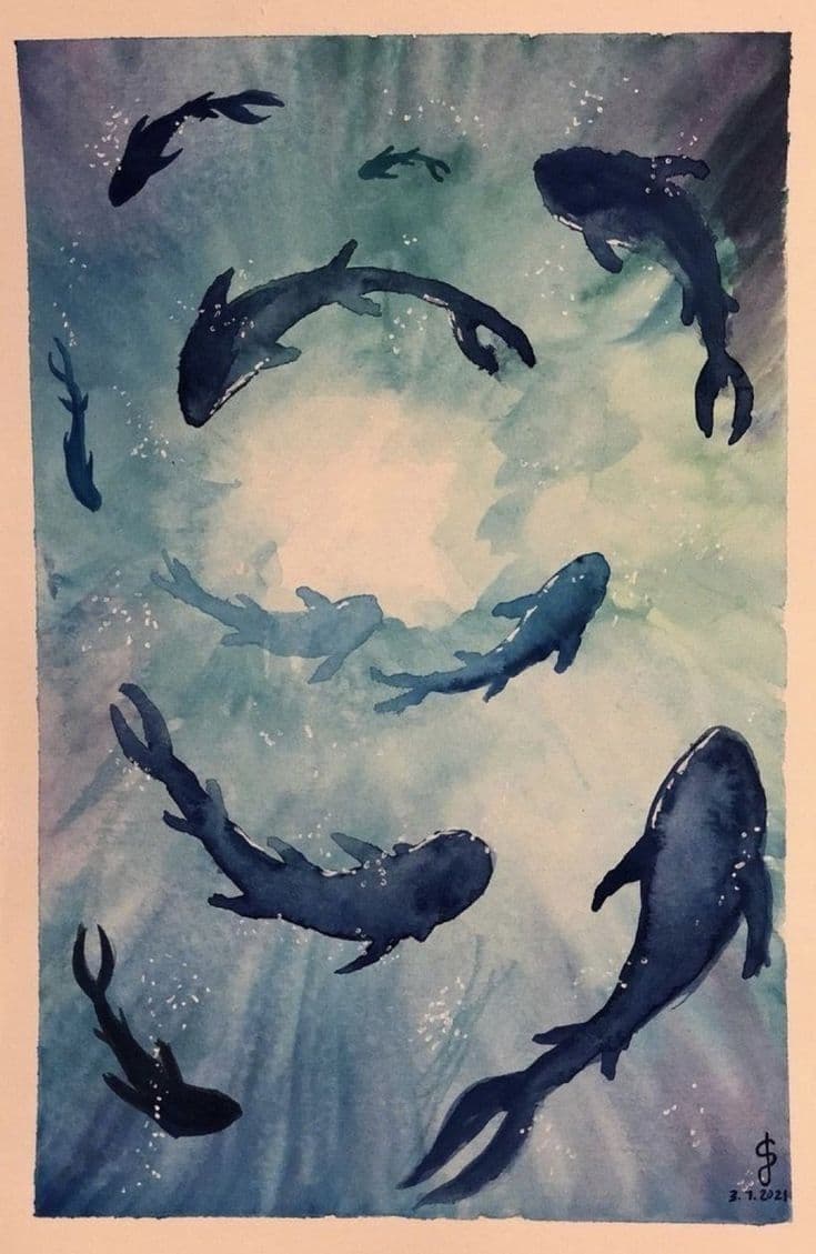 The image depicts a serene underwater scene featuring multiple stylized shark-like creatures swimming gracefully in a circular formation around a luminous, glowing center. The creatures are rendered in deep navy and indigo tones, with subtle highlights suggesting water movement and depth. The background is a soft gradient of cool blues and greens, with delicate watercolor textures and scattered light particles enhancing the aquatic atmosphere. The composition is balanced, with the central glow acting as a focal point, drawing the eye inward while the surrounding fish create a sense of motion and harmony. The overall mood is tranquil and meditative, evoking a sense of calm exploration beneath the ocean's surface.