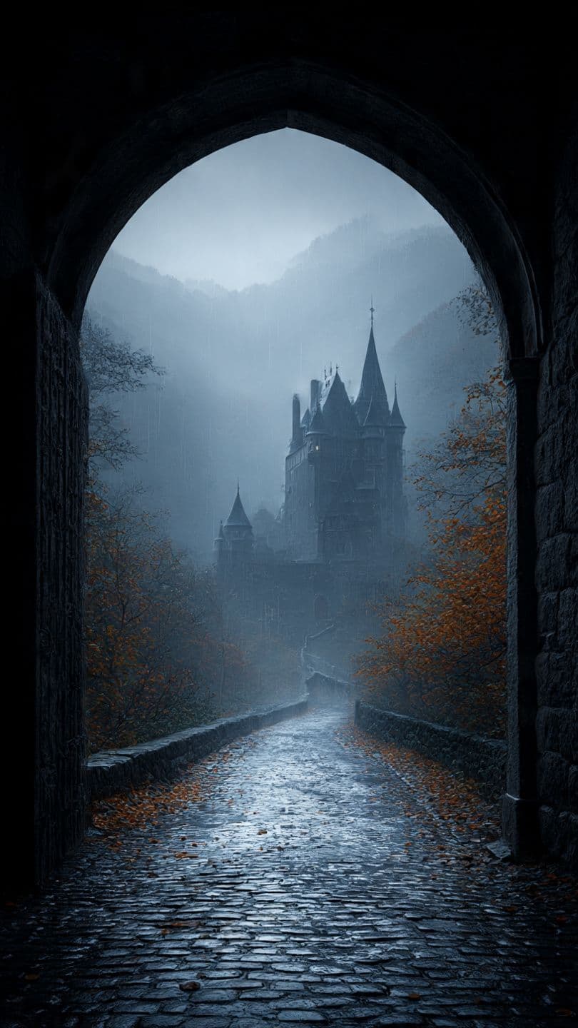 The image presents a moody, atmospheric landscape viewed through a dark, arched stone doorway, leading the eye down a wet cobblestone path into a misty, fog-laden valley. At the end of the path, a grand, gothic-style castle with multiple spires emerges from the fog, its silhouette softened by atmospheric haze. Autumnal trees with orange and brown leaves line the path, contrasting with the cool, muted tones of the scene. The lighting is diffused and cool, suggesting an overcast, misty morning, with subtle reflections on the damp stones. The composition uses a strong leading line and symmetrical framing to create a sense of depth and mystery, evoking a quiet, contemplative mood.
