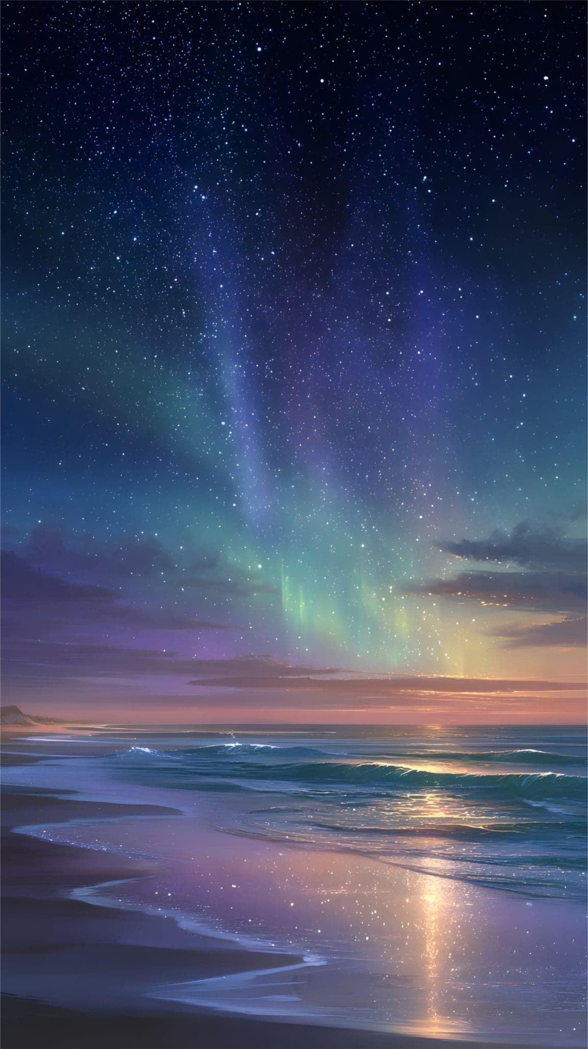 This image captures a serene coastal landscape at twilight, where a vibrant aurora borealis dances across a star-filled sky, casting ethereal hues of green, purple, and blue onto the ocean and shoreline. Gentle waves lap against a smooth, reflective beach, mirroring the celestial spectacle and the soft glow of the setting sun. The composition balances the vastness of the cosmos with the intimate scale of the shore, creating a tranquil and awe-inspiring atmosphere. The artwork employs smooth gradients and painterly brushwork to evoke a dreamlike, otherworldly mood, with meticulous attention to light refraction and atmospheric perspective. The overall emotional tone is peaceful and contemplative, inviting viewers to pause and appreciate the natural beauty of the universe.