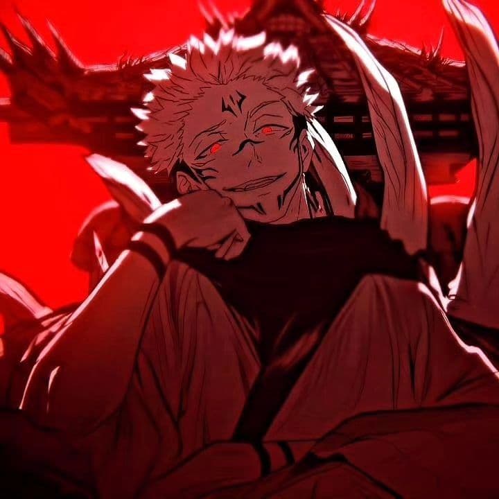 The image features Ryomen Sukuna, the primary antagonist of Jujutsu Kaisen, depicted in a dominant and menacing pose. He is wearing a traditional light-colored kimono with a dark scarf or high-collar undergarment, which fully covers his torso and arms. The character is shown leaning his head on his hand with a confident, sinister smirk, highlighting his spiked light hair and distinctive facial markings. In the background, the silhouette of his 'Malevolent Shrine' domain expansion is visible, characterized by its traditional Japanese architectural style adorned with skeletal remains. The artistic technique utilizes a heavy red monochromatic filter with high-contrast black shadows, creating a dramatic and threatening visual impact. The overall atmosphere is dark, intense, and authoritative, reflecting the character's status as the 'King of Curses.'