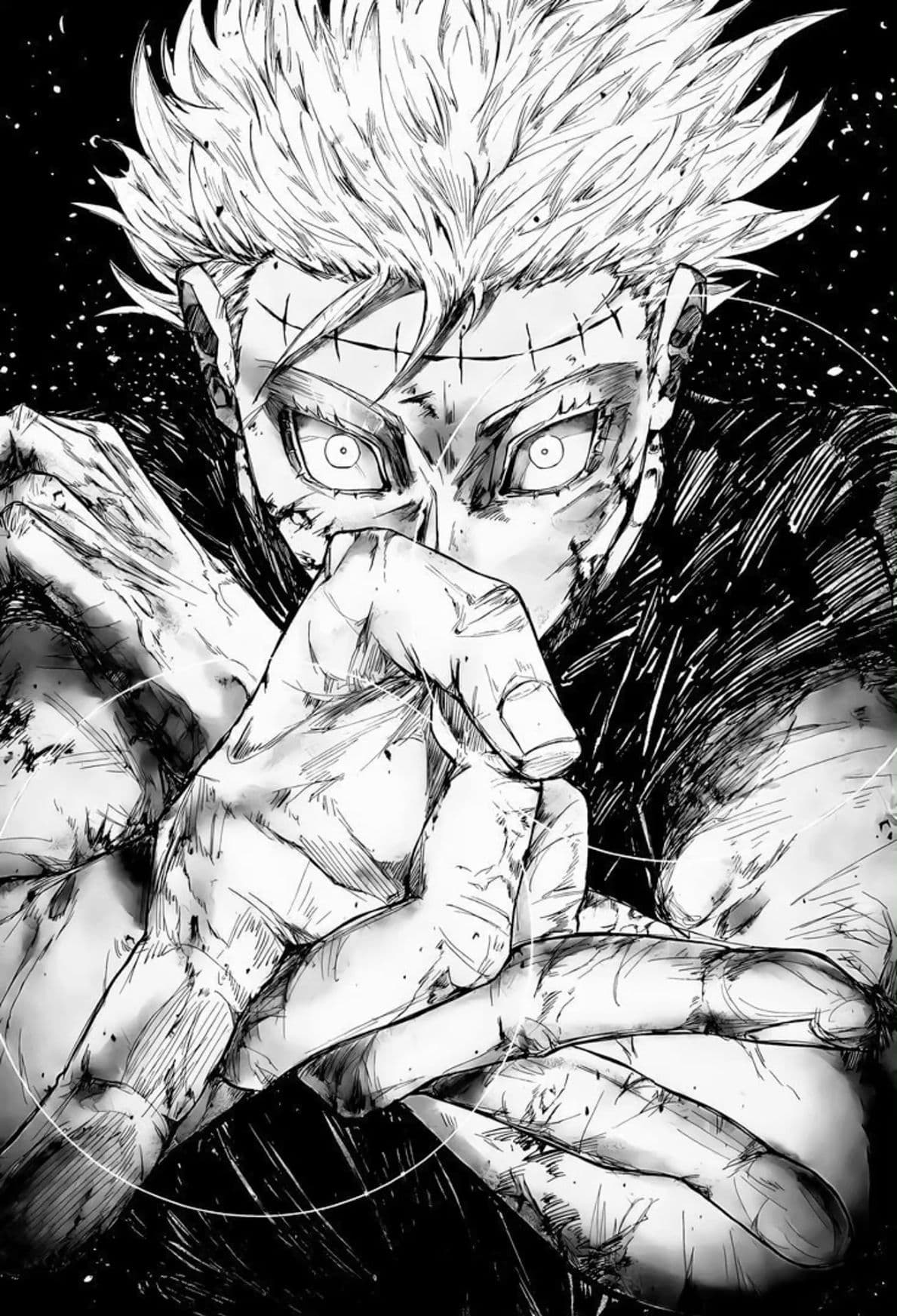 The image features Ryomen Sukuna (possessing Yuji Itadori) from Jujutsu Kaisen, depicted in a high-intensity manga art style. The character is shown with spiky light-colored hair, distinctive facial markings including a horizontal stitched line across the forehead, and wide, glowing white eyes that convey a sense of supernatural power. He is performing a complex hand seal, with his large, detailed hands positioned prominently in the foreground, creating a strong sense of depth. The background is a dark, void-like space filled with white speckles resembling stars or debris, framed by thin circular energy lines. The artistic technique utilizes heavy ink hatching, sharp line work, and high-contrast black and white tones to create a gritty, aggressive, and powerful atmosphere. The overall mood is one of intense focus and overwhelming power, capturing a pivotal moment of combat or technique activation.