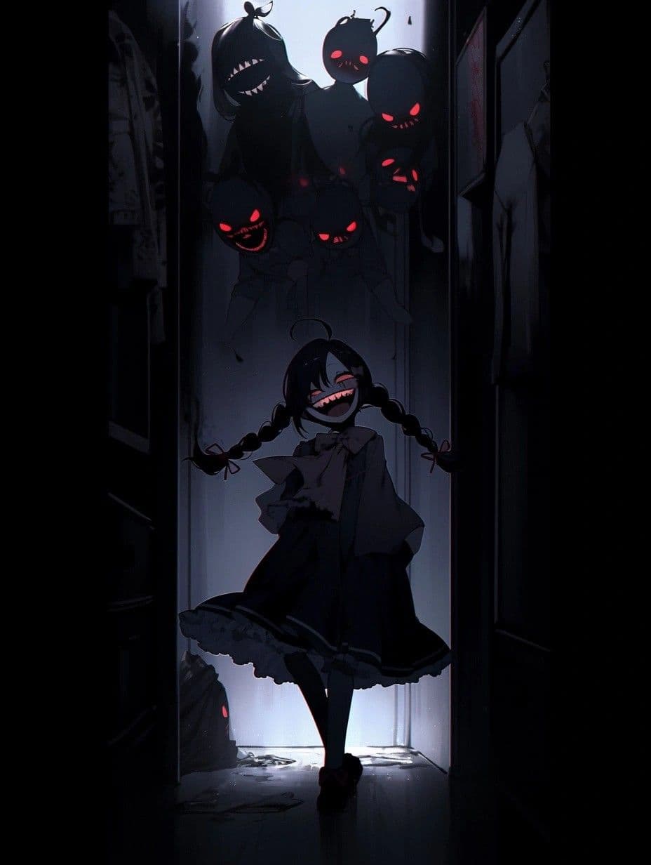 A young girl with dark hair in pigtails stands in a narrow, dimly lit hallway, smiling widely with glowing red eyes, wearing a long-sleeved, knee-length dress with a frilled hem and a large bow at the collar. Behind her, a group of shadowy, monstrous figures with glowing red eyes and sharp teeth loom menacingly, creating a stark contrast with her cheerful expression. The scene is framed by darkness on either side, with a single shaft of cold, natural light entering from above, illuminating the girl and the floor. The artwork employs dramatic chiaroscuro lighting and cel-shaded rendering to emphasize the eerie juxtaposition between innocence and horror. The overall mood is unsettling yet whimsical, blending childlike innocence with supernatural dread in a confined, claustrophobic space.