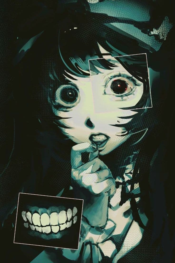 The image features a stylized anime character with wide, expressive eyes and a hand raised to her mouth, conveying a sense of shock or surprise. Her face is partially obscured by a geometric overlay, with one eye enlarged and the other appearing normal, creating a surreal, fragmented visual effect. The character wears a dark, patterned garment with visible collar details, fully covering her body and avoiding any exposure of skin. The overall composition uses high-contrast, monochromatic teal and black tones with halftone dot patterns, enhancing the graphic, psychological intensity. The mood is unsettling yet artistic, blending horror and surrealism within a character portrait format.
