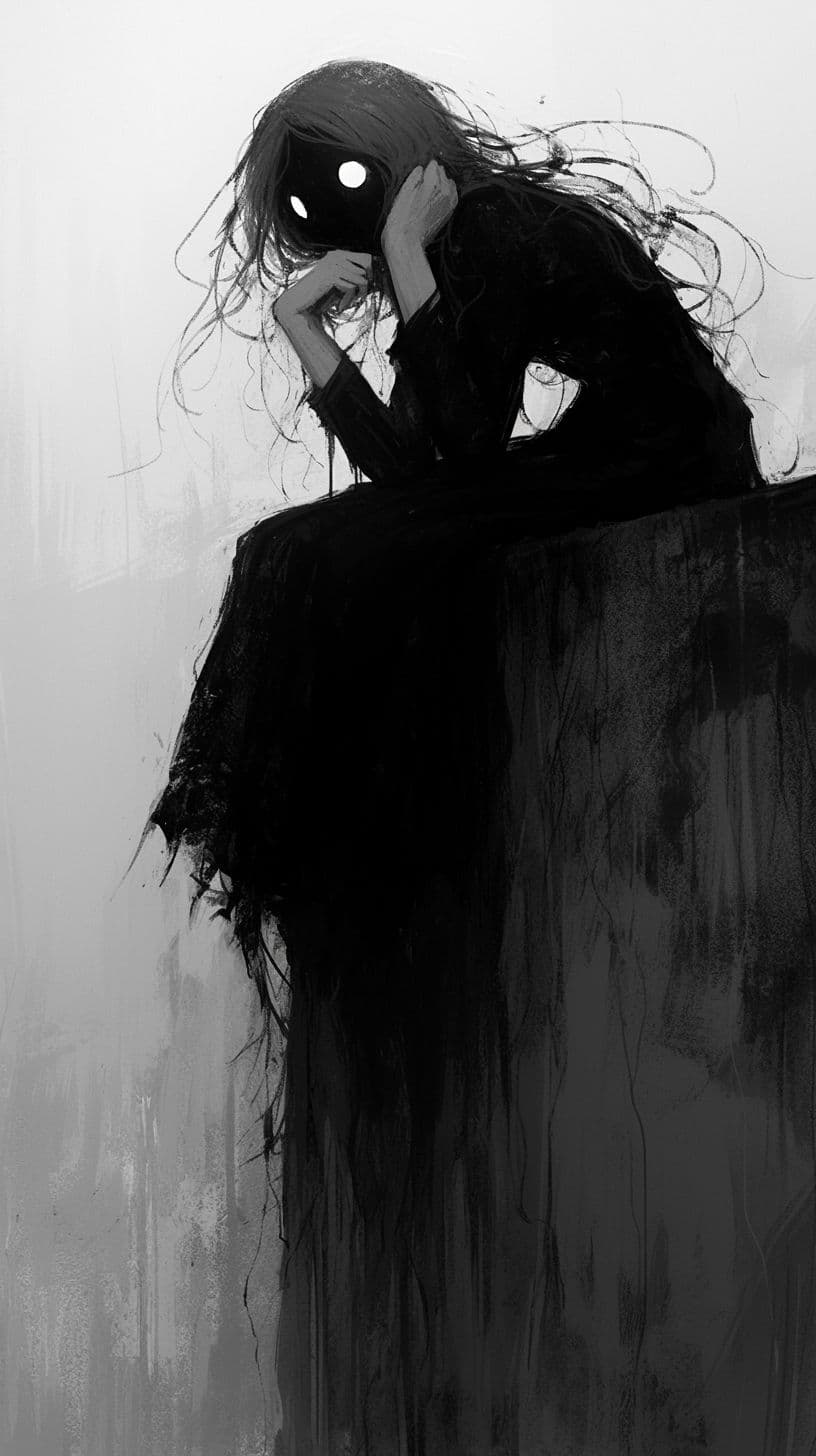 A solitary, shadowy figure with long, disheveled hair sits hunched on a dark, textured ledge, their face obscured by a void-like mask with two glowing white eyes. The character's hands are raised to their face in a gesture of despair or contemplation, emphasizing emotional isolation. The scene is rendered in monochrome, with expressive brushstrokes and layered textures creating a somber, atmospheric mood. The background is a soft, diffuse gray, suggesting an empty, desolate space that enhances the character's melancholic presence. The composition centers the figure, drawing the viewer into their silent, introspective state, evoking themes of loneliness and inner turmoil.