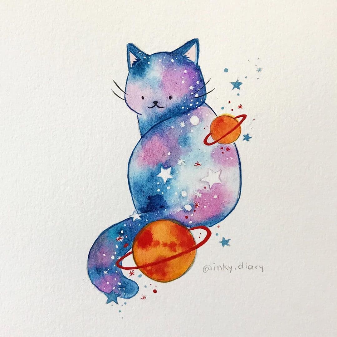 The central subject is a stylized, cartoonish cat with a soft, rounded form, its body filled with swirling cosmic patterns of blue, purple, and pink, resembling a galaxy. The cat has simple, expressive facial features with small whiskers and a gentle smile, conveying a serene and whimsical mood. It is surrounded by two small planets with rings, one near its shoulder and another near its tail, along with scattered stars and cosmic particles that enhance the celestial theme. The artwork is rendered in a watercolor technique with visible brushstrokes and paper texture, giving it a dreamy, hand-painted quality. The overall atmosphere is tranquil, imaginative, and child-friendly, evoking wonder and gentle fantasy through its soft color palette and gentle composition.