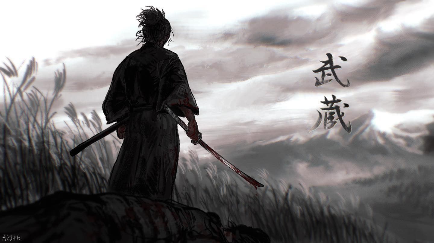 The image features a silhouetted samurai figure viewed from behind, clad in traditional Japanese garments that fully cover the body. The character holds two swords—one sheathed at the back and one gripped in the right hand with a visible bloodstain—suggesting readiness or recent conflict. Positioned on rocky terrain, the figure faces away toward a misty mountain range under a cloudy sky, creating a contemplative yet resolute stance. Artistic elements include high-contrast silhouette rendering with gradient shading typical of cel animation style, and Japanese calligraphy reading "武蔵" (Musashi) on the right side that adds thematic context to the historical warrior theme. The overall atmosphere is somber and epic, emphasizing solitude and dramatic natural surroundings.