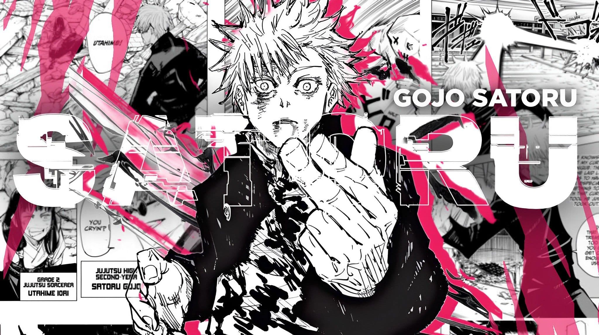 This image is a dynamic manga-style collage featuring Satoru Gojo from Jujutsu Kaisen. The central figure is depicted with intense, wide eyes and spiky white hair, wearing a high-collared dark sorcerer's uniform that provides full coverage. He is shown in a powerful mid-action pose, performing a signature hand sign with his fingers crossed, which creates a strong sense of perspective as his hand reaches toward the viewer. The background is a complex arrangement of original manga panels and abstract splashes of vibrant magenta ink, contrasted against a monochrome black and white palette. Large, stylized typography spelling out 'SATORU' and 'GOJO SATORU' overlays the composition, adding a modern graphic design aesthetic. The overall atmosphere is high-energy, intense, and supernatural, capturing a pivotal moment of combat or power manifestation.