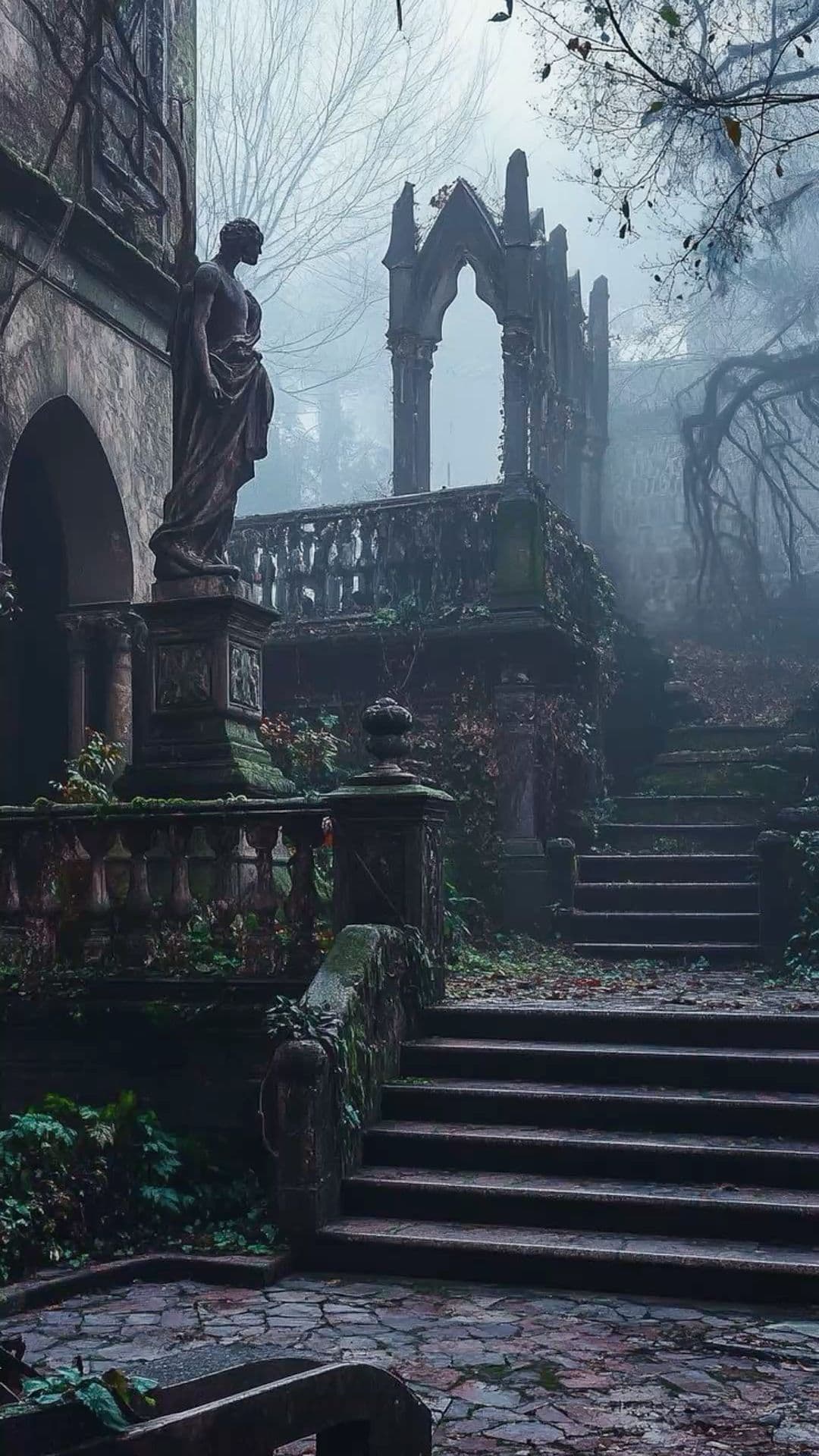 The image depicts a hauntingly beautiful, overgrown gothic ruin shrouded in misty fog, with moss-covered stone steps leading upward toward a decaying archway. A weathered bronze statue of a draped, robed figure stands solemnly on a pedestal to the left, its form partially obscured by ivy and time. The scene is enveloped in atmospheric fog, with bare, gnarled tree branches silhouetted against a pale, overcast sky, suggesting an abandoned, forgotten sanctuary. The composition uses muted, earthy tones and soft gradients to evoke a sense of melancholy and mystery, with the fog creating depth and a dreamlike quality. The overall mood is serene yet somber, inviting contemplation of decay and the passage of time, rendered with painterly realism and careful attention to texture and lighting.