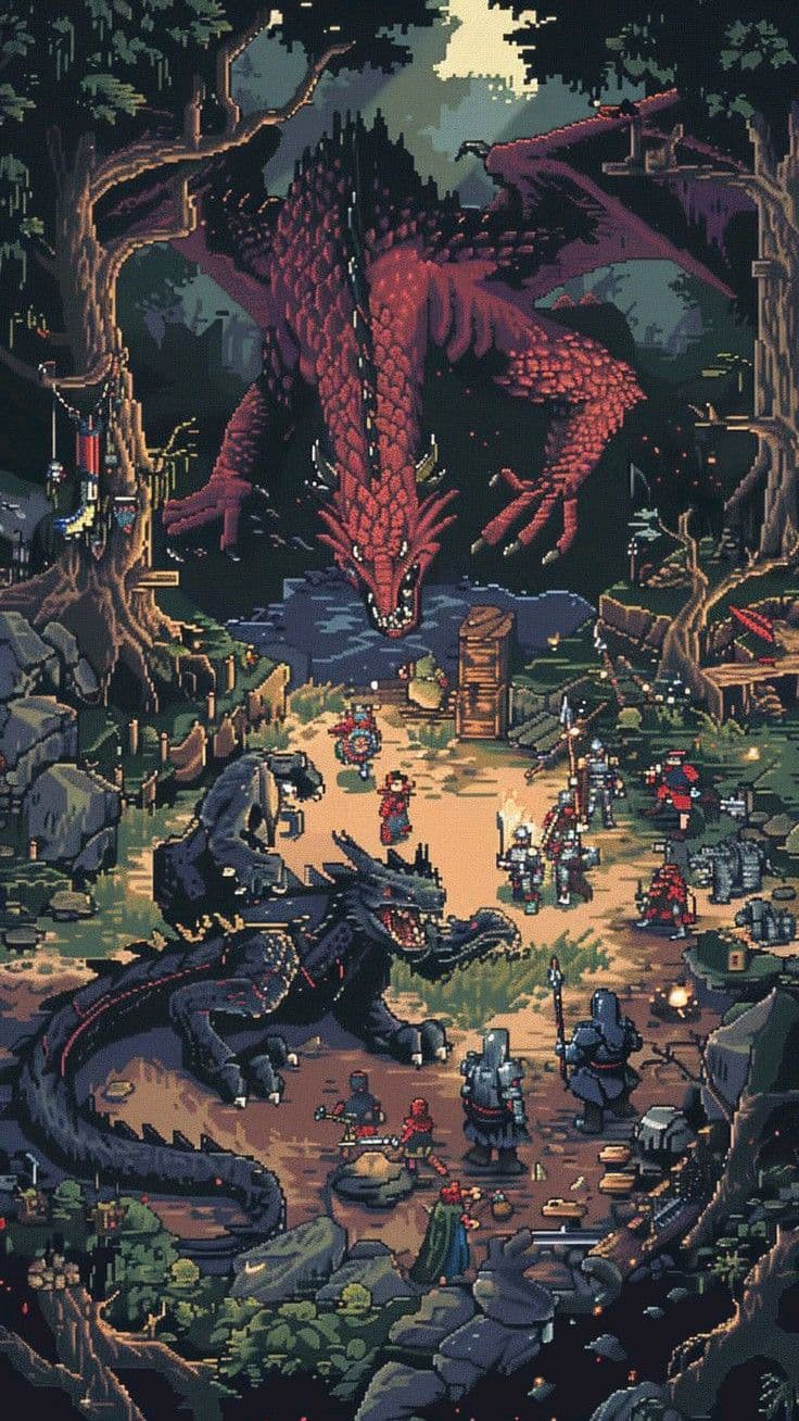 The image depicts a dramatic fantasy battle scene set in a dense, forested valley with two massive dragons—one red and one black—engaged in combat with a group of armored adventurers and warriors. The red dragon looms overhead with wings spread, while the black dragon lies on the ground, both rendered with detailed scales and fierce expressions. The adventurers are positioned in a clearing, some preparing weapons, others standing in defensive stances, suggesting imminent conflict. The scene is richly detailed with pixel art style, featuring trees, stone structures, and scattered campfire lights, creating a sense of depth and atmosphere. The overall tone is epic and adventurous, with a strong sense of narrative tension and scale, enhanced by the contrast between the massive creatures and the small human figures.