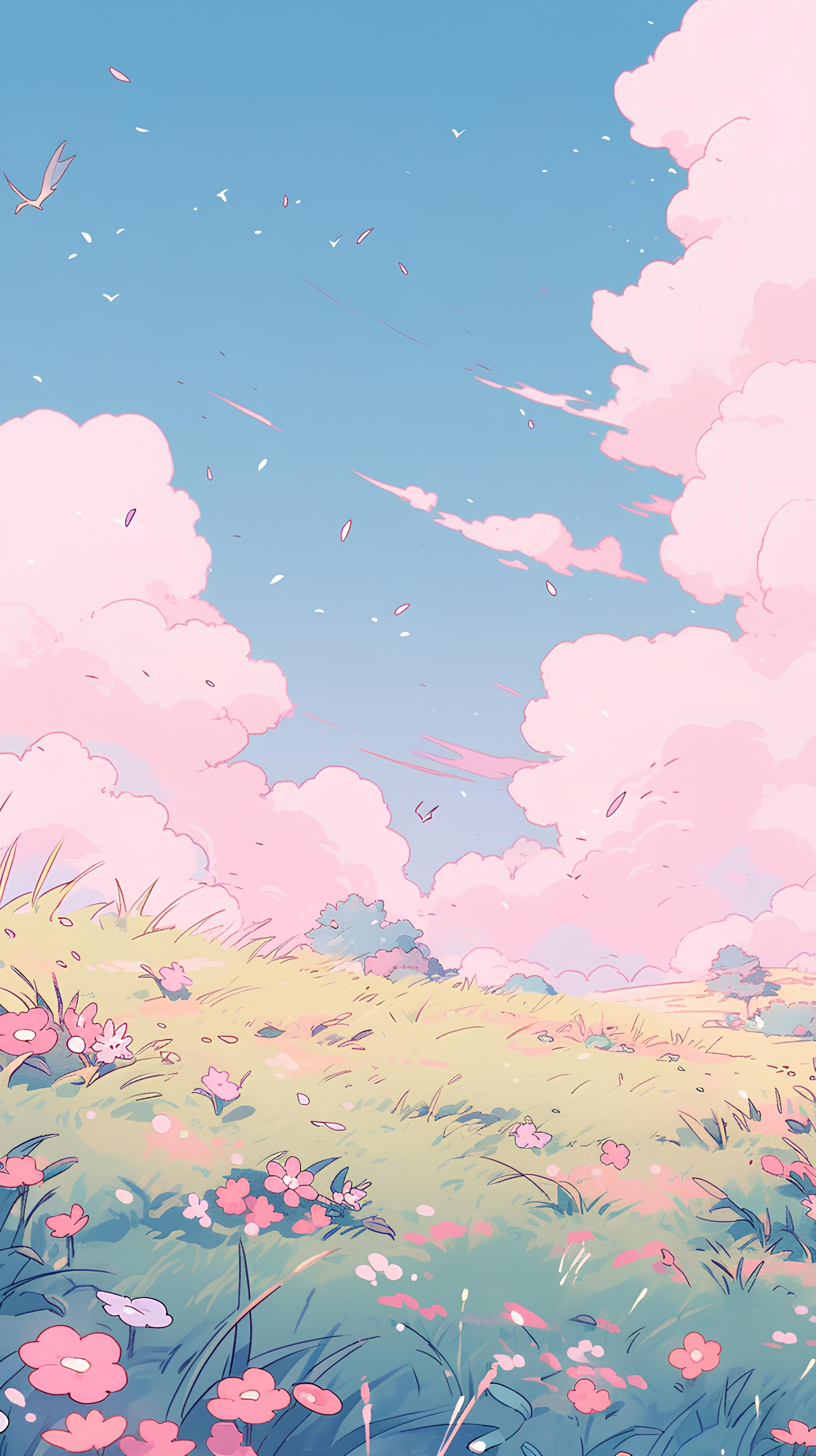 This serene anime-style wallpaper depicts a vast, sunlit meadow bursting with pink and white wildflowers under a soft, pastel sky. The composition features fluffy, voluminous clouds tinged with pink, drifting gently against a clear blue expanse, with delicate petals floating in the breeze. A single bird soars gracefully in the upper left, adding a sense of peaceful motion to the tranquil scene. The foreground is rich with detailed flora, while the background gently blurs into distant hills, creating a sense of depth and openness. The artwork employs soft gradients and gentle cel shading, evoking a dreamy, nostalgic atmosphere that feels both calming and inviting.