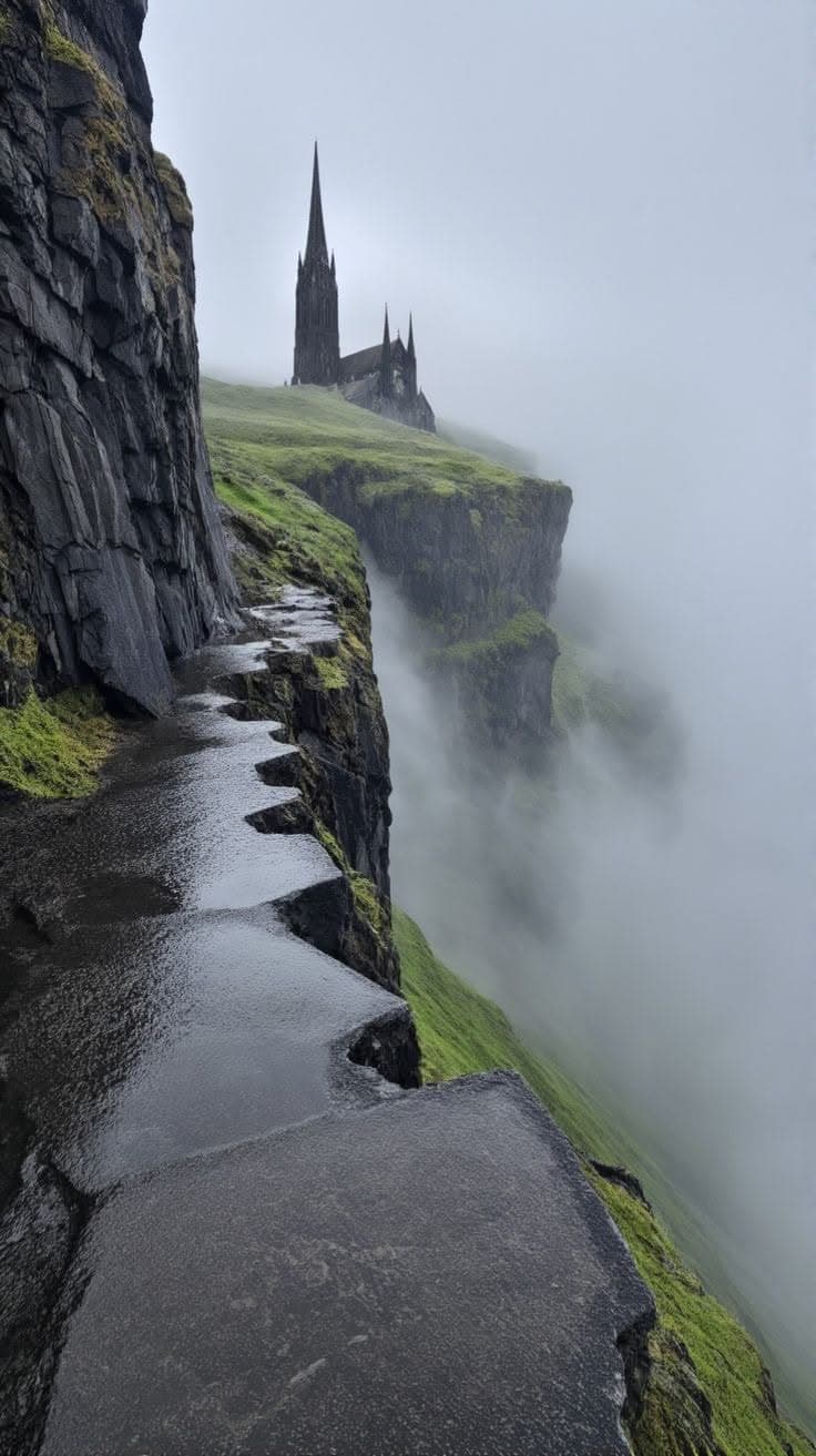 This image captures a dramatic, mist-shrouded cliffside path leading toward a solitary, gothic-style church perched atop a verdant cliff edge. The foreground features wet, moss-covered stone steps that recede into the fog, emphasizing the scale and isolation of the scene. The church, with its tall spire and dark silhouette, stands as a solemn focal point against a pale, overcast sky. The composition uses atmospheric perspective, with the fog obscuring the lower cliffs and creating a sense of depth and mystery. The lighting is soft and diffused, suggesting an early morning or late afternoon in a cloudy, damp environment, enhancing the tranquil yet eerie mood of the landscape.