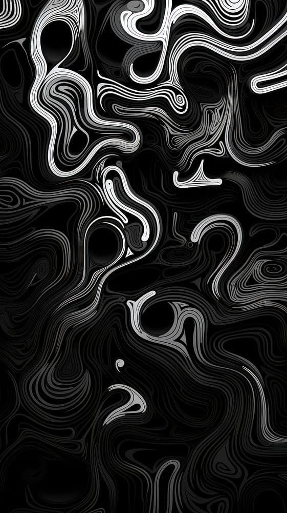 This abstract digital artwork features a dynamic interplay of flowing, organic lines that swirl and twist across a deep black background, creating a mesmerizing visual rhythm. The composition is dominated by varying shades of white and gray, forming continuous, fluid patterns that resemble liquid motion or cellular structures. No characters, objects, or figures are present, making the piece purely abstract and non-representational. The visual energy is conveyed through the continuous motion implied by the curving lines, which create a sense of depth and movement despite the flat composition. The overall effect is hypnotic and meditative, evoking themes of transformation, fluidity, and subconscious thought.