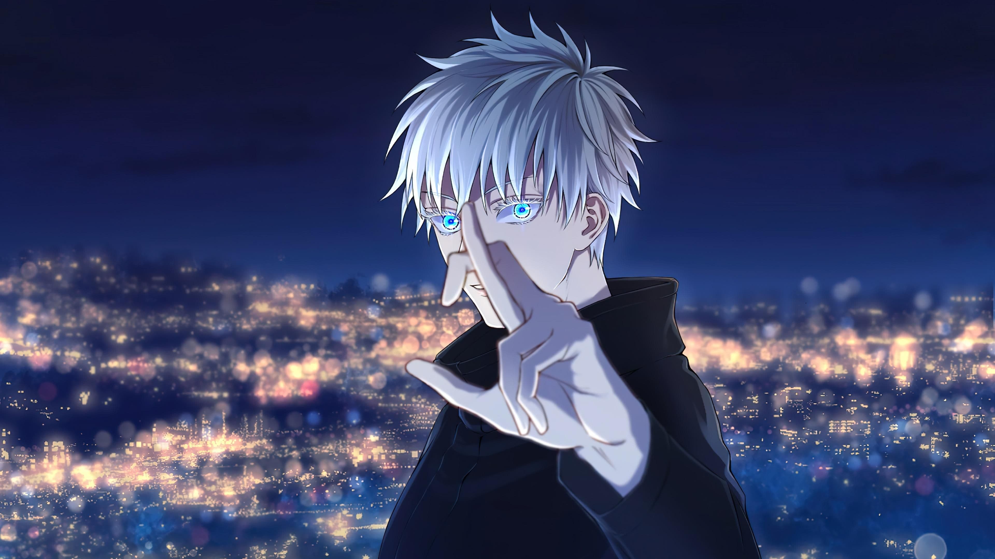 The image features Satoru Gojo from Jujutsu Kaisen, characterized by his striking spiky white hair and vibrant, glowing blue eyes. He is dressed in his signature high-collared dark blue jujutsu high uniform, which provides full coverage. The character is captured in a medium shot, performing a specific hand gesture with his fingers crossed, suggesting the activation of a technique. The background consists of a sprawling urban cityscape at night, rendered with a beautiful bokeh effect that creates soft, glowing orbs of golden light. The artistic style is modern digital, utilizing sharp line work for the character contrasted against a soft, painterly background. The overall atmosphere is mysterious and powerful, conveying a sense of calm intensity through the cool color palette and the character's focused expression.