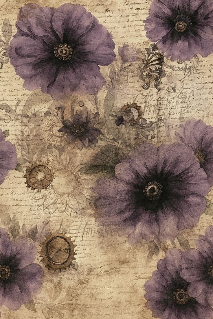 This image features a collage of large, stylized purple flowers with intricate, dark centers, overlaid on a textured background of faded handwritten script and vintage mechanical gears. The floral elements are rendered with soft watercolor-like gradients and detailed petal structures, while the mechanical motifs add a steampunk aesthetic. The composition is layered, with the flowers appearing to float over the aged paper, creating a vintage, romantic, and slightly mysterious atmosphere. The overall mood is serene and nostalgic, enhanced by the warm, muted color palette and the interplay between organic and industrial elements. The image evokes a sense of timeless beauty and quiet elegance, suitable for decorative or background use.