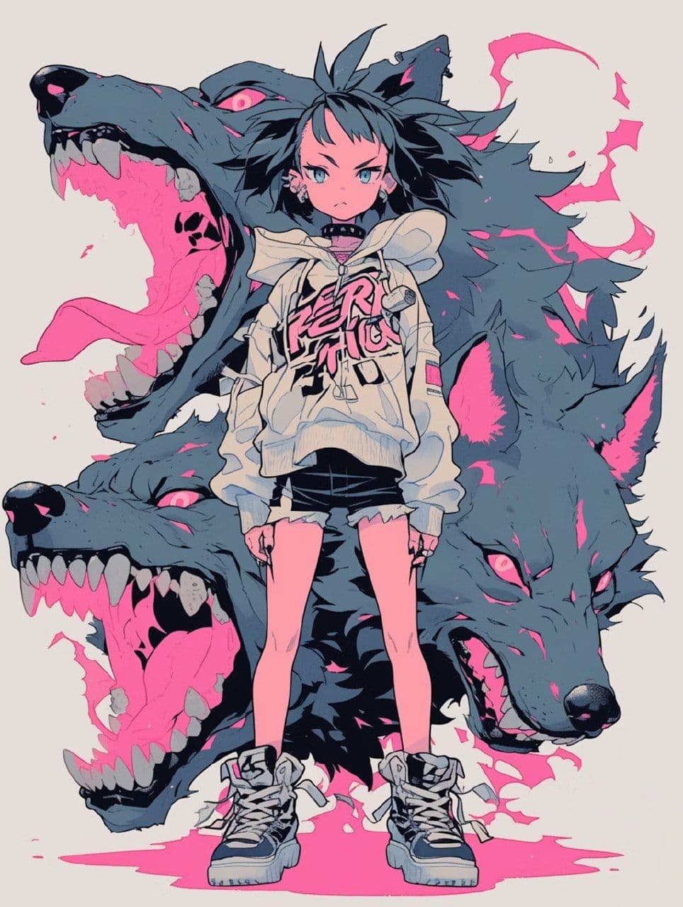 A young female character with spiky dark hair and blue eyes stands confidently in the center, wearing a light-colored hoodie with bold lettering and dark shorts, paired with chunky sneakers. Behind her looms a massive, stylized wolf with multiple heads, rendered in dark gray tones with vibrant pink accents on its mouth, eyes, and splatters. The character’s posture is upright and assertive, with hands relaxed at her sides, conveying a sense of power and calm. The artwork employs a dynamic, high-contrast digital style with sharp linework and cel-shaded shading, emphasizing the character’s form against the chaotic, energetic background. The overall atmosphere is intense yet controlled, blending urban grit with fantastical elements, evoking a mood of determined strength and mystery.