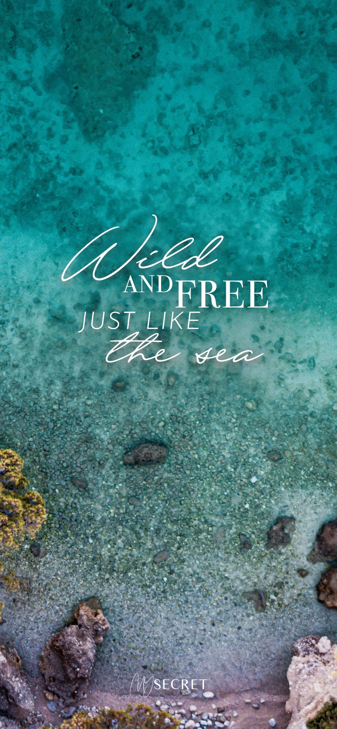 The image presents a serene underwater seascape viewed from above, showcasing clear turquoise water with visible seabed textures, scattered rocks, and patches of marine vegetation. The composition is dominated by the natural beauty of the ocean floor, with gentle gradients of teal and green hues suggesting depth and clarity. Overlaid in elegant script is the phrase 'Wild AND FREE JUST LIKE the sea', conveying a liberating, nature-inspired theme. The lighting appears to be natural daylight filtering through water, creating a tranquil and inviting atmosphere. The overall aesthetic is minimalist and calming, emphasizing the untouched majesty of the marine environment without any human or character elements.