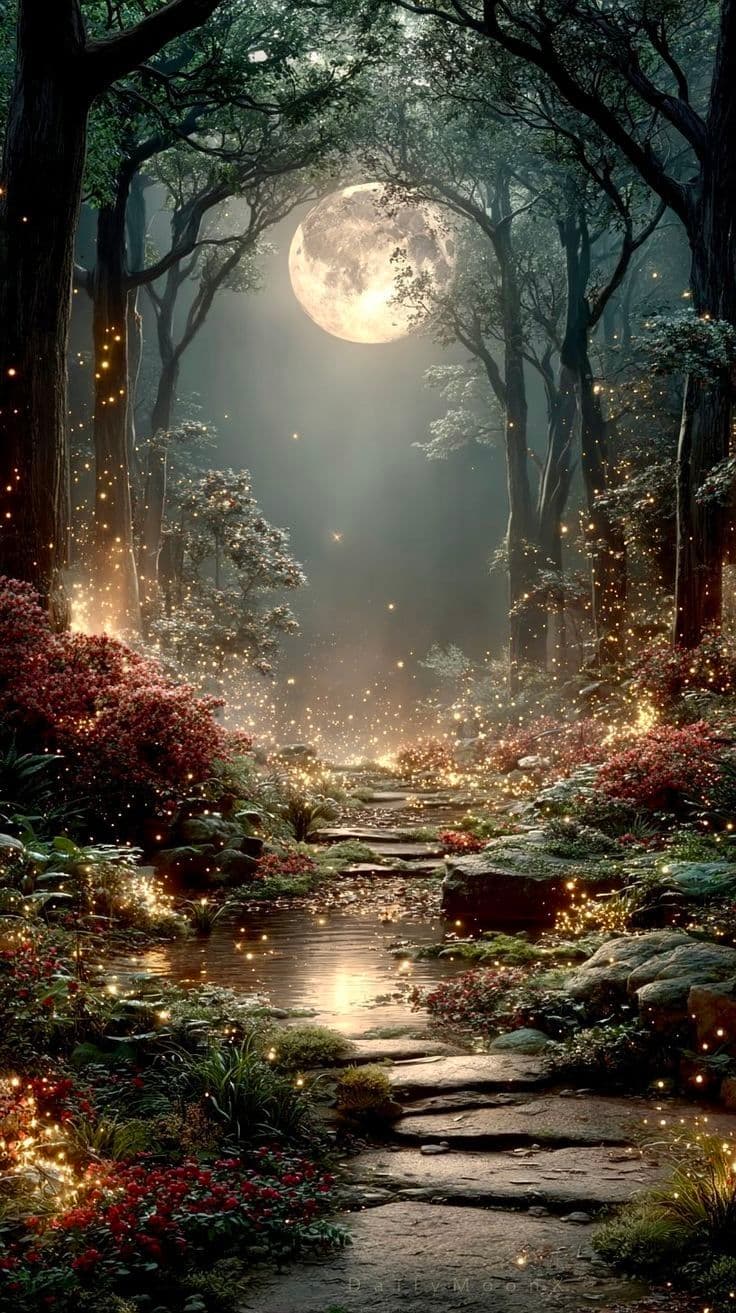 This image depicts a serene, enchanted forest pathway illuminated by a large, glowing full moon and countless floating golden sparks. A stone path winds through lush vegetation, with vibrant red and green foliage lining the sides, creating a magical, otherworldly atmosphere. The scene is bathed in soft, diffused natural daylight filtered through tall, dark trees, enhancing the mystical quality. The composition uses atmospheric perspective and layered depth to draw the viewer’s eye along the path toward the moon, while the lighting direction is primarily frontal, casting gentle highlights on the mossy stones and glowing particles. The overall mood is tranquil and ethereal, evoking a sense of wonder and peaceful solitude in a fantasy setting.