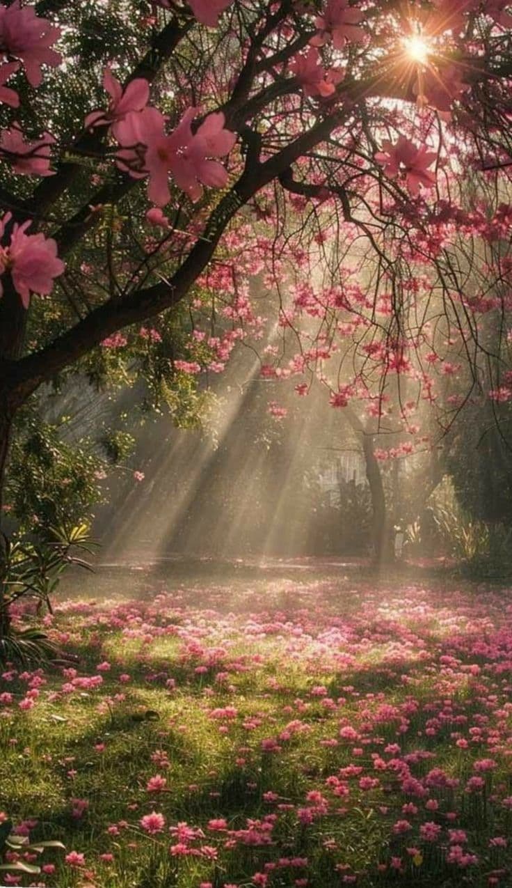 This image captures a serene, sun-drenched forest floor blanketed in vibrant pink blossoms, with radiant beams of sunlight piercing through a canopy of flowering branches. The composition emphasizes natural beauty and tranquility, with soft focus on the foreground flowers and sharper detail on the tree branches overhead. The lighting is warm and diffused, creating a dreamlike atmosphere enhanced by gentle mist that adds depth and ethereal quality to the scene. The color palette is dominated by soft pinks, greens, and golden light, evoking a sense of peace and renewal. The overall mood is tranquil and meditative, inviting viewers into a quiet, nature-filled sanctuary.