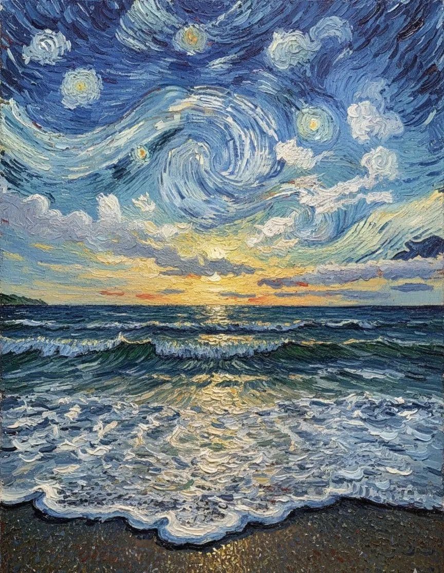 This image depicts a dramatic, swirling night sky over a turbulent sea, rendered in the distinctive post-impressionist style of Vincent van Gogh. The sky is filled with vibrant, swirling clouds and luminous, star-like orbs, while the horizon glows with warm sunset hues reflecting off the choppy ocean waves. The foreground shows foamy waves crashing onto a dark, textured shoreline, creating a dynamic contrast between the calm shore and the turbulent sea. The painting's energetic brushwork and vivid color palette evoke a sense of cosmic motion and emotional intensity. The overall composition balances the vastness of the sky with the grounded presence of the sea, creating a powerful, contemplative atmosphere.