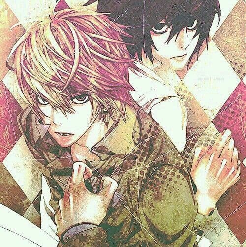 The image features two male characters, Light Yagami and L Lawliet from the anime Death Note, positioned back-to-back in a stylized composition. Light, in the foreground, wears a textured olive-green jacket with a high collar, his expression intense and determined. L is visible in the background, sporting his signature messy black hair and wide, dark-circled eyes while wearing a simple white long-sleeved shirt. The characters are set against a geometric background of intersecting diamonds and diagonal lines, overlaid with a heavy halftone dot pattern and grunge textures. The artistic technique utilizes a high-contrast, washed-out color palette with sharp, sketchy line work that emphasizes the psychological tension between the rivals. The overall atmosphere is gritty, suspenseful, and intellectually charged, reflecting the cat-and-mouse dynamic of the source material.