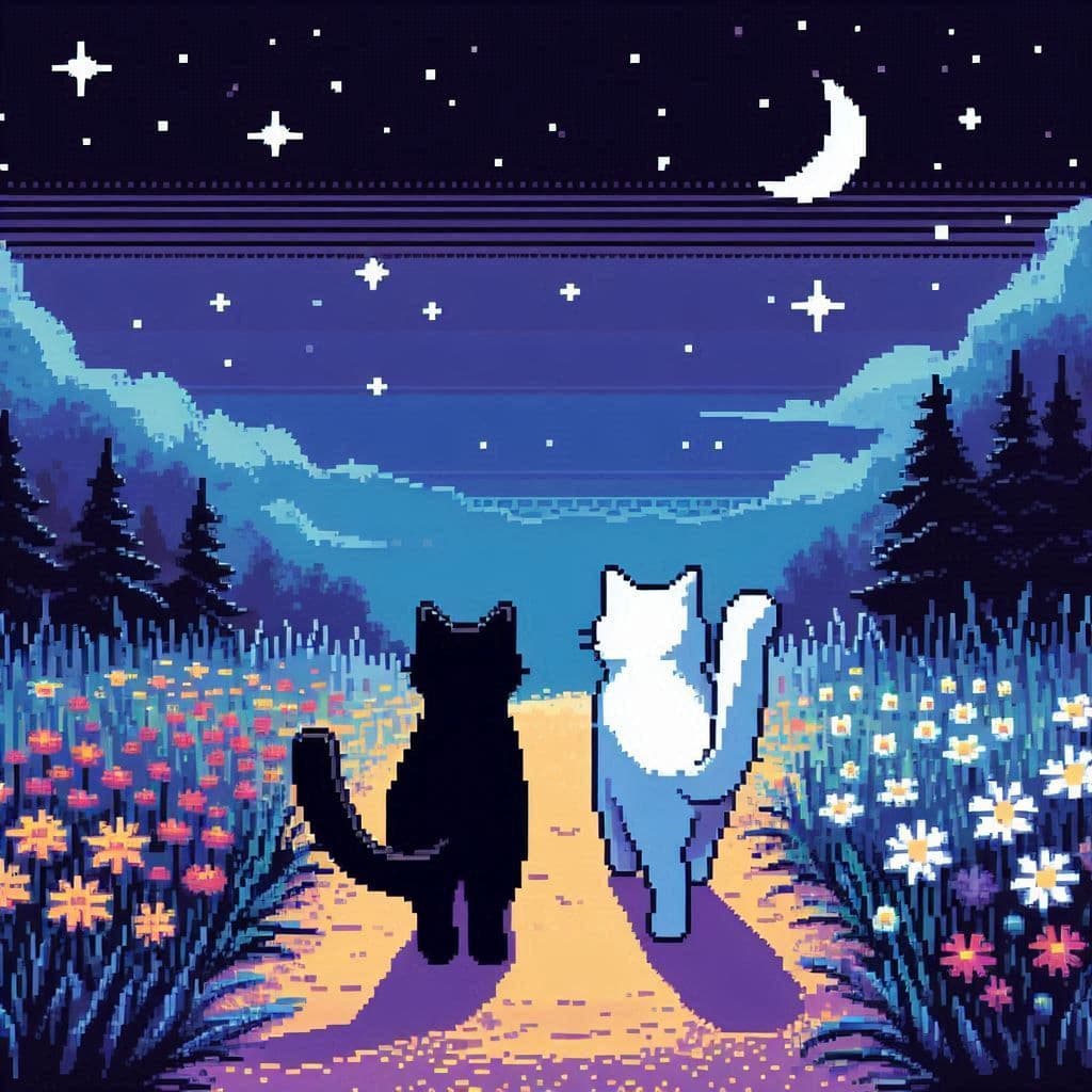 The image features two stylized cats, one black and one white, standing on a sunlit path that leads through a field of colorful flowers. They are viewed from behind, gazing upward at a vast, star-filled night sky with a crescent moon and twinkling stars. The scene is framed by dark pine trees on either side, with rolling hills and layered clouds in the background. The artwork employs a pixel art style with clean, blocky shading and vibrant color gradients, creating a dreamy, tranquil atmosphere. The overall mood is peaceful and contemplative, evoking a sense of quiet wonder and companionship between the two feline figures.