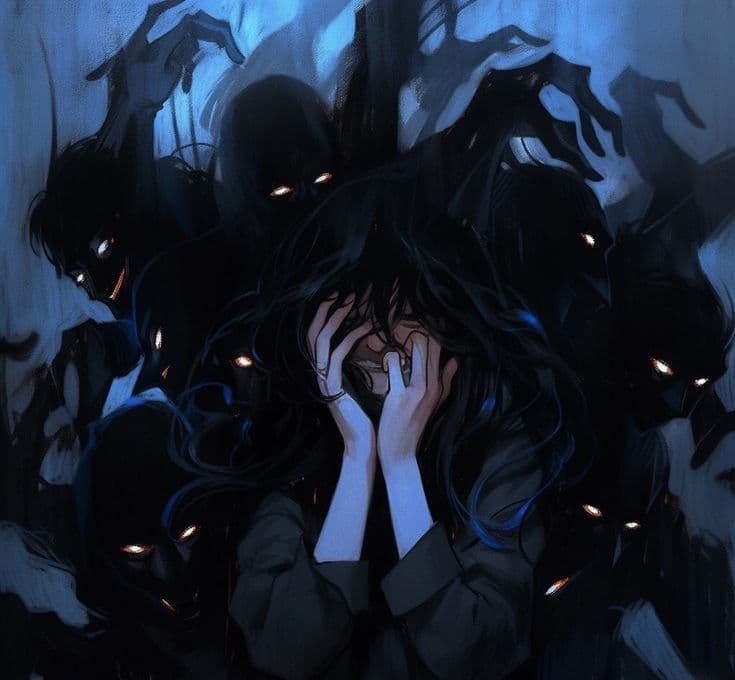 The central figure is a young woman with long, flowing black hair, wearing a dark, loose-fitting coat that fully covers her body. She is depicted in a state of distress, covering her face with both hands, suggesting emotional turmoil or fear. Surrounding her are shadowy, monstrous figures with glowing orange eyes and outstretched, clawed hands, creating a menacing and oppressive atmosphere. The scene is rendered in a painterly, textured style with deep blues and blacks, emphasizing the contrast between the character's vulnerability and the looming threat. The composition is tightly focused on the character's emotional state, with the background figures looming in the periphery, enhancing the sense of isolation and dread. The overall mood is dark, melancholic, and emotionally intense, evoking themes of psychological horror and inner struggle.