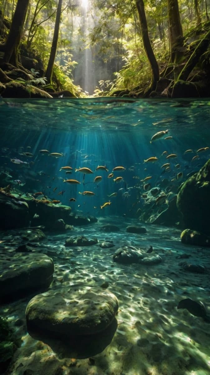 This image captures a serene, split-level view of a lush, sun-dappled forest and its clear, turquoise underwater realm. Above the waterline, towering trees with dense green canopies frame a beam of sunlight piercing through the canopy, illuminating the forest floor. Below, a school of small, golden-brown fish swims gracefully among smooth, moss-covered rocks and submerged boulders, with rays of sunlight filtering down through the water’s surface. The composition emphasizes natural harmony, with the water’s surface acting as a visual divider between terrestrial and aquatic worlds. The scene is rendered with high photographic realism, showcasing intricate textures of bark, moss, and aquatic life, evoking a sense of untouched wilderness and tranquil beauty.