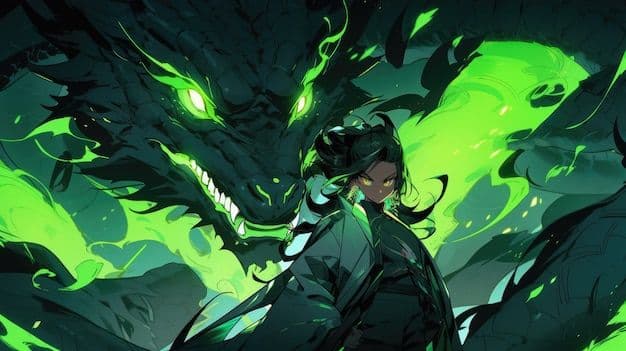 The image features a central character with long dark hair tied back, wearing traditional-style dark robes accented with white trim and layered garments that provide full coverage. The character stands in a confident, forward-facing pose with a serious expression, suggesting readiness or determination. Behind them looms a massive dragon-like creature emitting vibrant green energy from its eyes and mouth, surrounded by swirling magical mist and dark atmospheric elements. The artwork employs modern digital techniques with sharp lines, cel-shaded shading that emphasizes depth through gradient tones, and dramatic lighting focused on the creature’s glowing features to create contrast against the darker background. The overall atmosphere is epic and intense, blending mystical fantasy with a sense of impending action or confrontation.