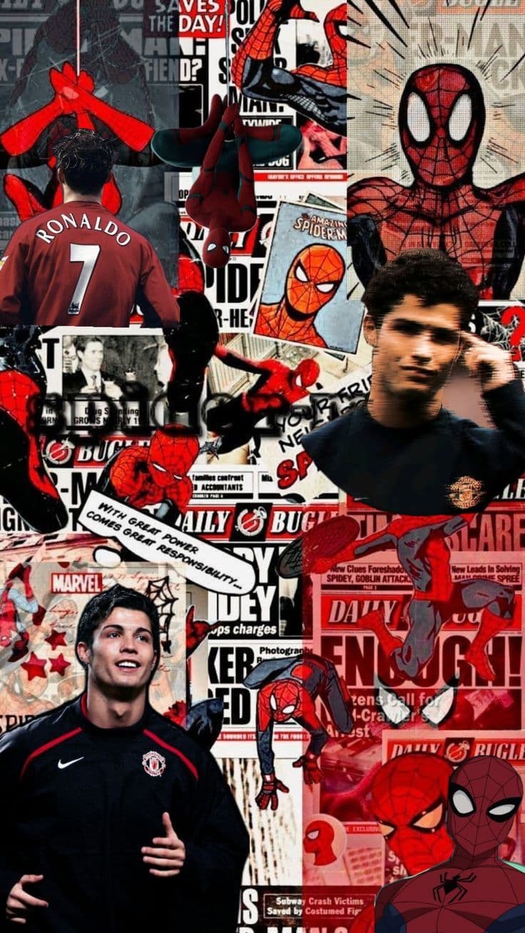This image is a vibrant collage composed of multiple layers, featuring Spider-Man in various dynamic poses alongside portraits of footballers Cristiano Ronaldo and a young man in a dark hoodie. The Spider-Man imagery includes classic red-and-blue suits, newspaper clippings, and comic book panels, all rendered in a stylized, layered digital art style. The background is densely packed with red-toned newspaper headlines, creating a chaotic yet energetic visual texture. The overall composition is a mashup of pop culture, blending superhero iconography with sports celebrity imagery, presented in a modern digital aesthetic with sharp lines and high contrast. The mood is energetic and nostalgic, evoking a sense of youthful fandom and cultural crossover.