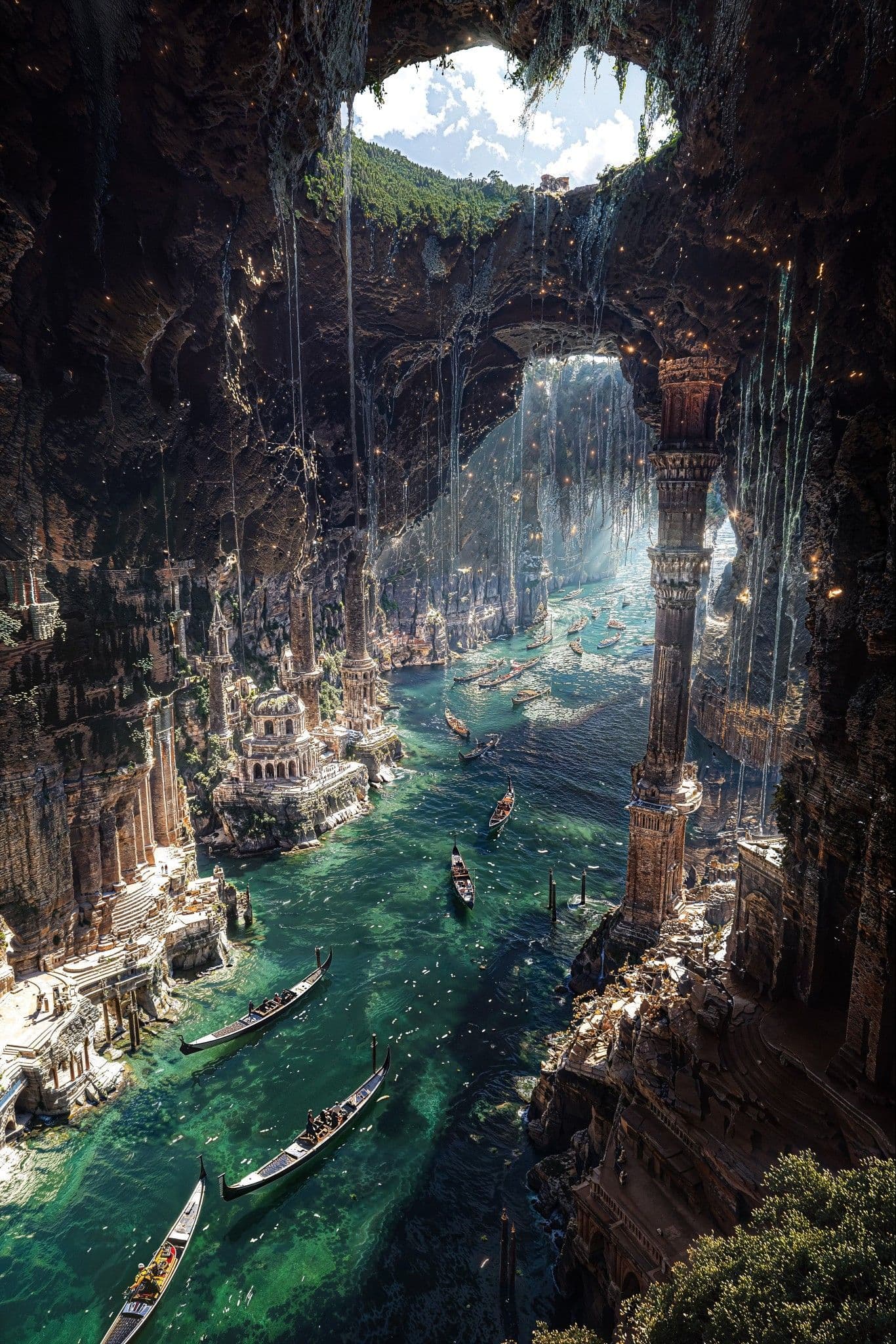 This image depicts a vast, ancient subterranean cityscape carved into a colossal cavern, with towering stone pillars and cascading waterfalls illuminating the scene from above. A luminous, turquoise river flows through the cavern, dotted with small, traditional-style boats carrying passengers. The architecture blends classical ruins with fantastical elements, featuring grand archways, moss-covered stone, and intricate carvings. The composition is symmetrical, with the river and central archway serving as the visual axis, creating a sense of awe and wonder. The lighting is natural daylight filtering through the cavern ceiling, casting dramatic highlights and deep shadows that enhance the depth and scale of the environment.