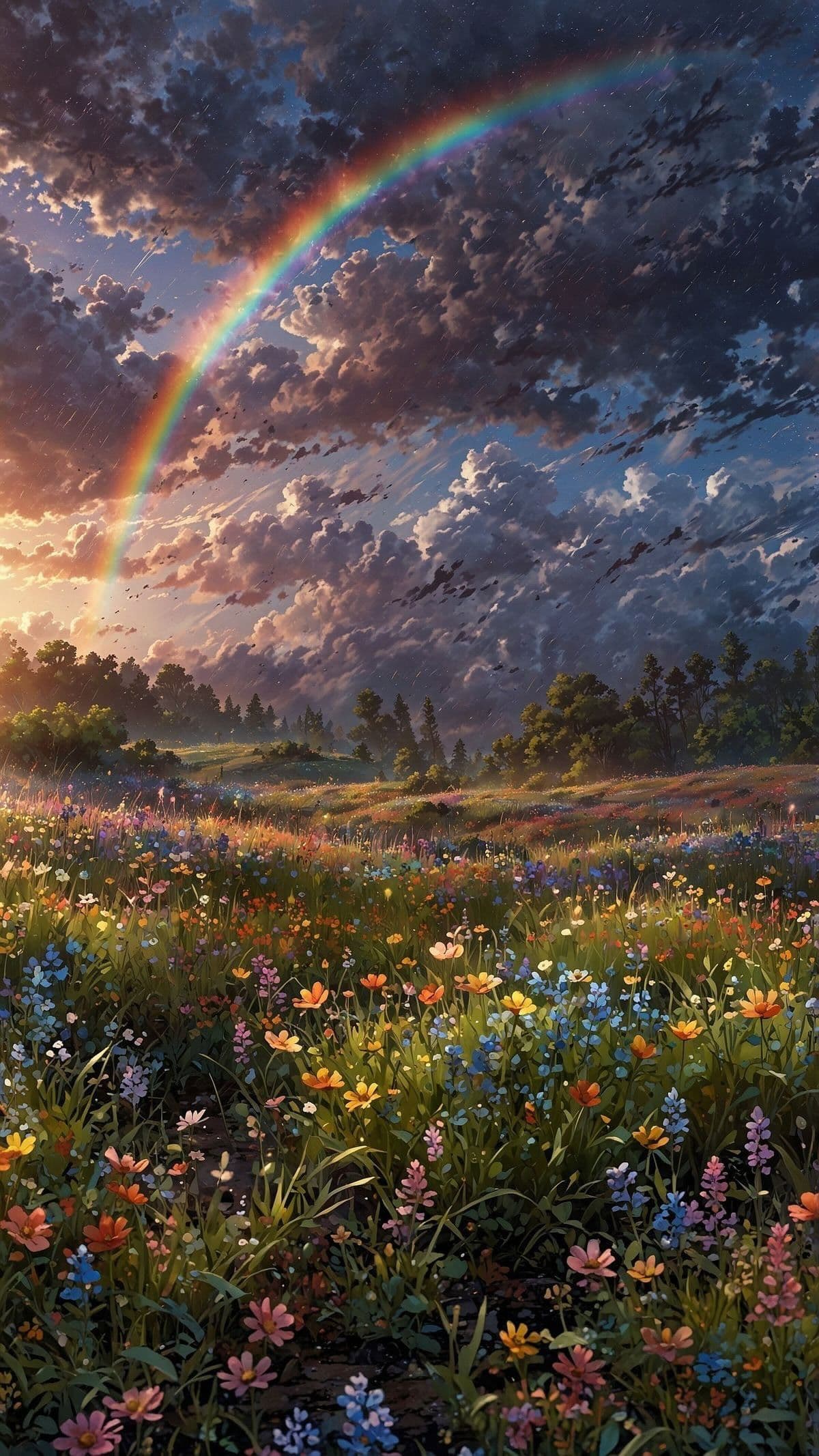The image depicts a vast, sunlit meadow bursting with wildflowers in vibrant hues of orange, pink, blue, and yellow, stretching toward a distant treeline under a dramatic, cloud-filled sky. A vivid rainbow arcs gracefully across the heavens, contrasting with the deep purples and grays of the storm clouds, while gentle raindrops fall from the upper atmosphere. The foreground is rich with detailed flora, including dandelions, poppies, and delicate wildflowers, with a few butterflies fluttering among the blooms. The lighting suggests late afternoon or early evening, with warm golden rays breaking through the clouds, casting soft highlights on the grass and petals. The overall composition evokes a sense of tranquility and renewal, blending natural beauty with serene, almost spiritual atmosphere.
