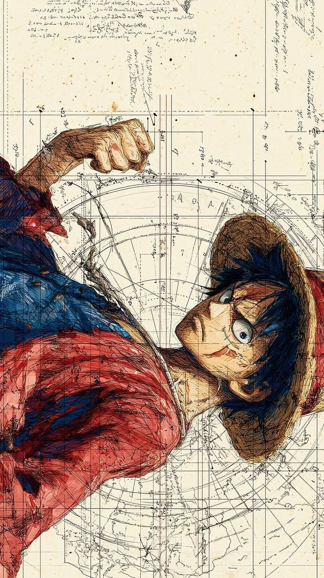 The image features the iconic anime character Luffy from One Piece, depicted in a dynamic, upward-looking pose with a clenched fist, conveying determination and strength. He wears his signature red vest over a blue shirt, paired with his straw hat, and his facial expression is intense with wide eyes and a determined grin. The background is a detailed, vintage-style nautical chart overlaid with handwritten annotations and grid lines, suggesting themes of adventure and exploration. The artwork employs a textured, sketch-like style with visible cross-hatching and ink wash effects, giving it a hand-drawn, archival feel. The overall atmosphere is adventurous and energetic, with a sense of youthful optimism and boldness, enhanced by the character's forward-leaning posture and the detailed, layered background.