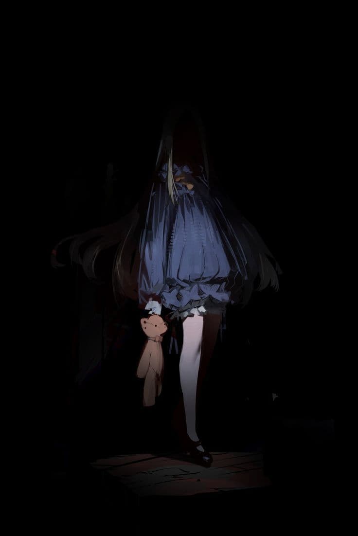 A solitary female character with long, flowing dark hair stands in a dimly lit, shadowy environment, her figure barely illuminated by a focused light source from below. She wears a voluminous, layered blue dress with ruffled details and long sleeves, paired with white stockings and dark shoes, fully covering her body. In her hand, she holds a small, plush teddy bear, adding a touch of innocence to the otherwise somber scene. The composition is minimalist, emphasizing the character’s isolation and the stark contrast between her illuminated form and the surrounding darkness. The overall mood is melancholic and introspective, evoking a sense of quiet solitude and emotional depth through its subdued lighting and atmospheric setting.