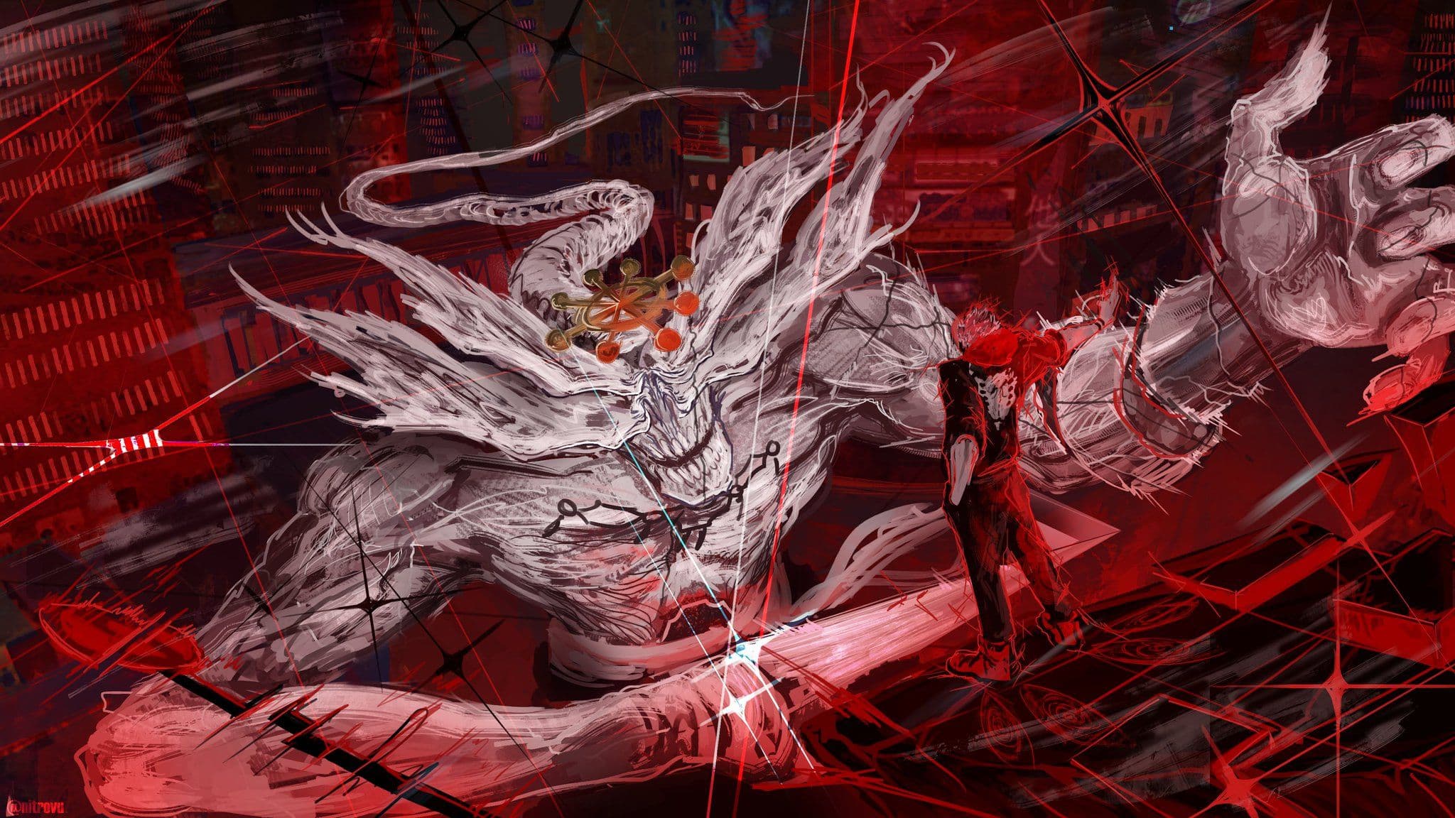 This dynamic illustration depicts a high-stakes confrontation between a human sorcerer and a massive, monstrous entity known as Mahoraga. The sorcerer, Ryomen Sukuna, is seen from behind wearing a dark, high-collared uniform as he faces the towering white creature. The monster features a distinctive eight-handled wheel hovering above its head and multiple wing-like protrusions, rendered with aggressive, sketchy line work. The setting is a chaotic urban environment, likely Shibuya, filled with red geometric patterns and motion lines that suggest a domain expansion or intense magical energy. The artistic style uses a limited color palette of deep reds, blacks, and stark whites to create a visceral, high-energy atmosphere. The overall mood is one of intense conflict, power, and supernatural dread.