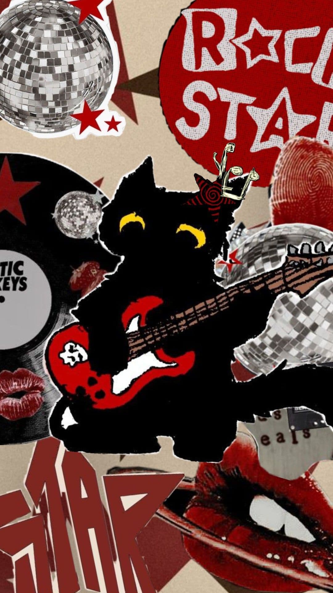 The central figure is a stylized black cat character with yellow eyes, wearing a small crown and holding a red electric guitar, embodying a rockstar persona. The cat is depicted in a dynamic, seated pose with one paw on the guitar, suggesting musical performance. The background is a collage of rock-themed elements including a disco ball, red star motifs, and partial text like 'ROCK STAR' and 'TIC KEYS', creating a vibrant, energetic aesthetic. The artwork uses a cut-out, collage style with layered textures and bold outlines, giving it a retro, pop-art feel. The overall tone is playful, rebellious, and celebratory, evoking the spirit of rock music culture through visual symbolism and energetic composition.