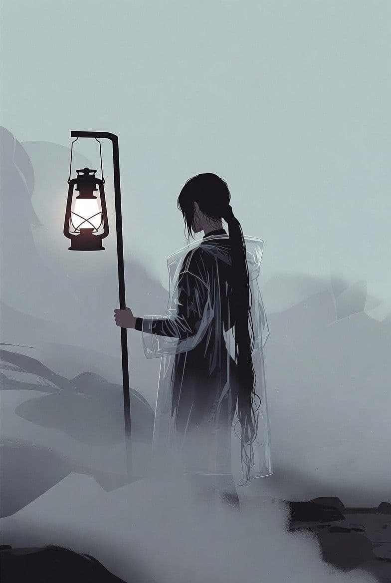 A solitary figure with long, dark hair in a high ponytail stands in a misty, mountainous landscape, holding a glowing oil lantern on a pole. The character is clad in a translucent, rainproof outer garment that drapes fully over their body, concealing all skin and emphasizing modesty. The scene is rendered in a minimalist, atmospheric style with soft gradients and muted tones, evoking a sense of quiet solitude and introspection. The lantern's warm light contrasts with the cool, foggy surroundings, creating a focal point of illumination and guidance. The composition is centered, with the character positioned as a silhouette against a hazy, layered background, enhancing the mood of contemplation and mystery.