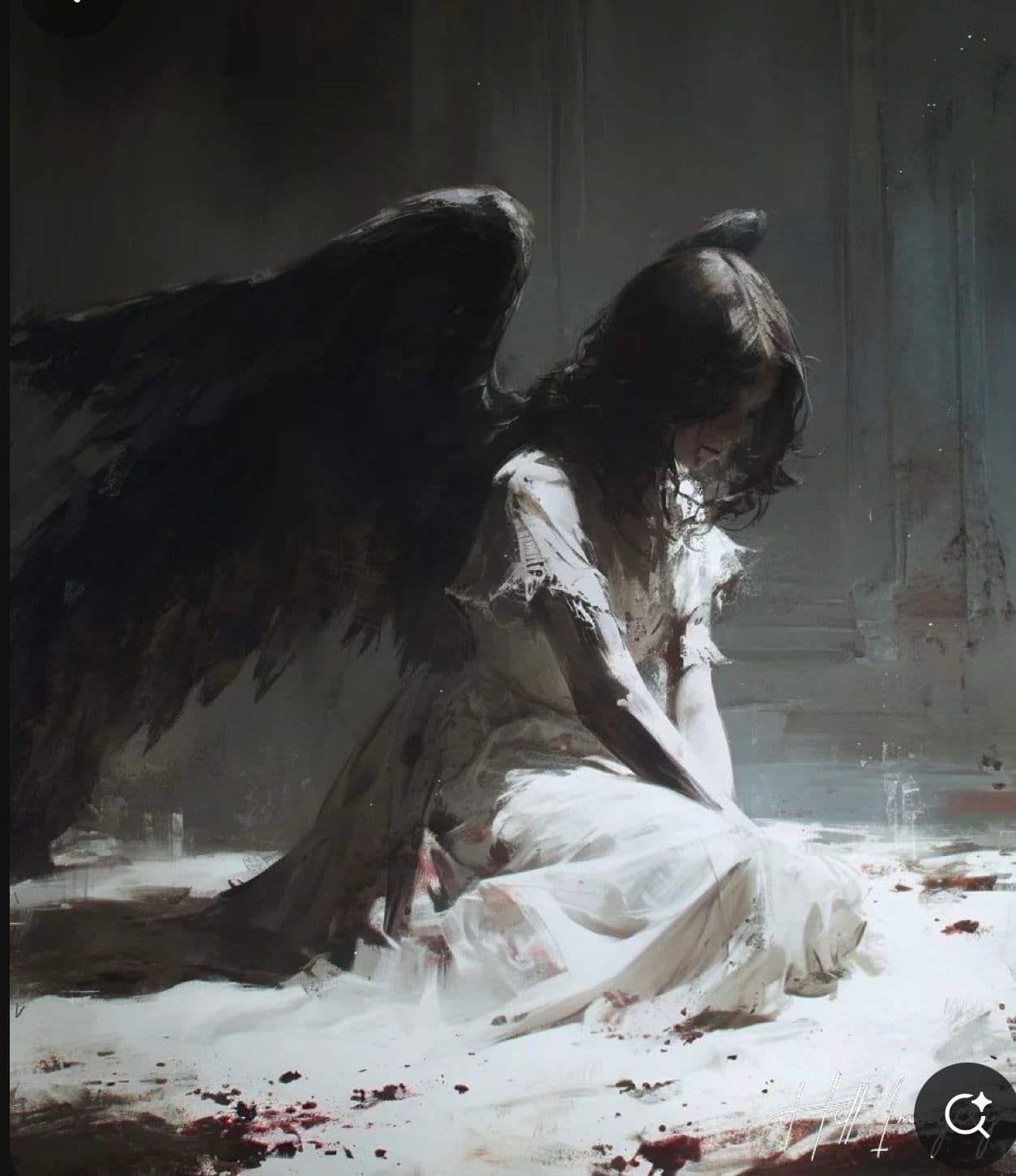 A sorrowful angelic figure kneels in a desolate, ruined interior, draped in a tattered white gown stained with dark red splatters. Her long, dark hair cascades over her shoulders as she bows her head, conveying profound grief or defeat. Behind her, massive, shadowy wings spread wide, contrasting with the pale fabric of her attire. The setting appears to be a crumbling, dimly lit hall with classical architecture, suggesting a fallen sanctuary or cathedral. The artwork employs painterly brushstrokes and dramatic chiaroscuro lighting, emphasizing texture and emotional weight. The overall atmosphere is somber, melancholic, and haunting, evoking themes of loss, sacrifice, or divine sorrow.