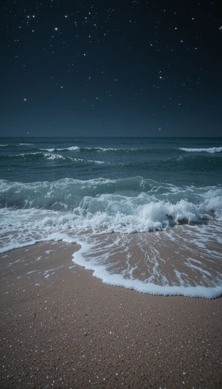 The image captures a tranquil nocturnal beach scene under a vast, star-filled sky, with gentle ocean waves receding onto a textured sandy shore. The composition emphasizes the natural rhythm of the tide, with white foam curling and retreating in soft, rhythmic patterns. The lighting is soft and diffused, emanating from the natural twilight, casting a cool, deep blue hue over the water and sky while highlighting the granular detail of the wet sand. The artistic rendering employs a realistic photographic style with subtle digital enhancement, capturing the serene and meditative quality of a quiet seaside night. The overall atmosphere evokes calmness, solitude, and cosmic wonder, inviting contemplation through its minimalist yet emotionally resonant visual language.