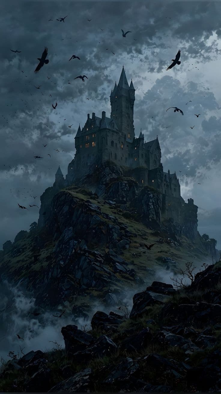 The image depicts a towering, gothic-style castle perched atop a rugged, mist-covered mountain peak under a turbulent, stormy sky. Dark, silhouetted birds soar across the ominous clouds, adding a sense of foreboding and mystery. The castle's spires and turrets are illuminated by warm, glowing windows, contrasting with the cold, gray atmosphere. The foreground features jagged rocks and sparse vegetation, enhancing the scene's dramatic scale and isolation. The artwork employs detailed textures and atmospheric perspective to create depth and a moody, cinematic tone, evoking themes of ancient power and hidden secrets.