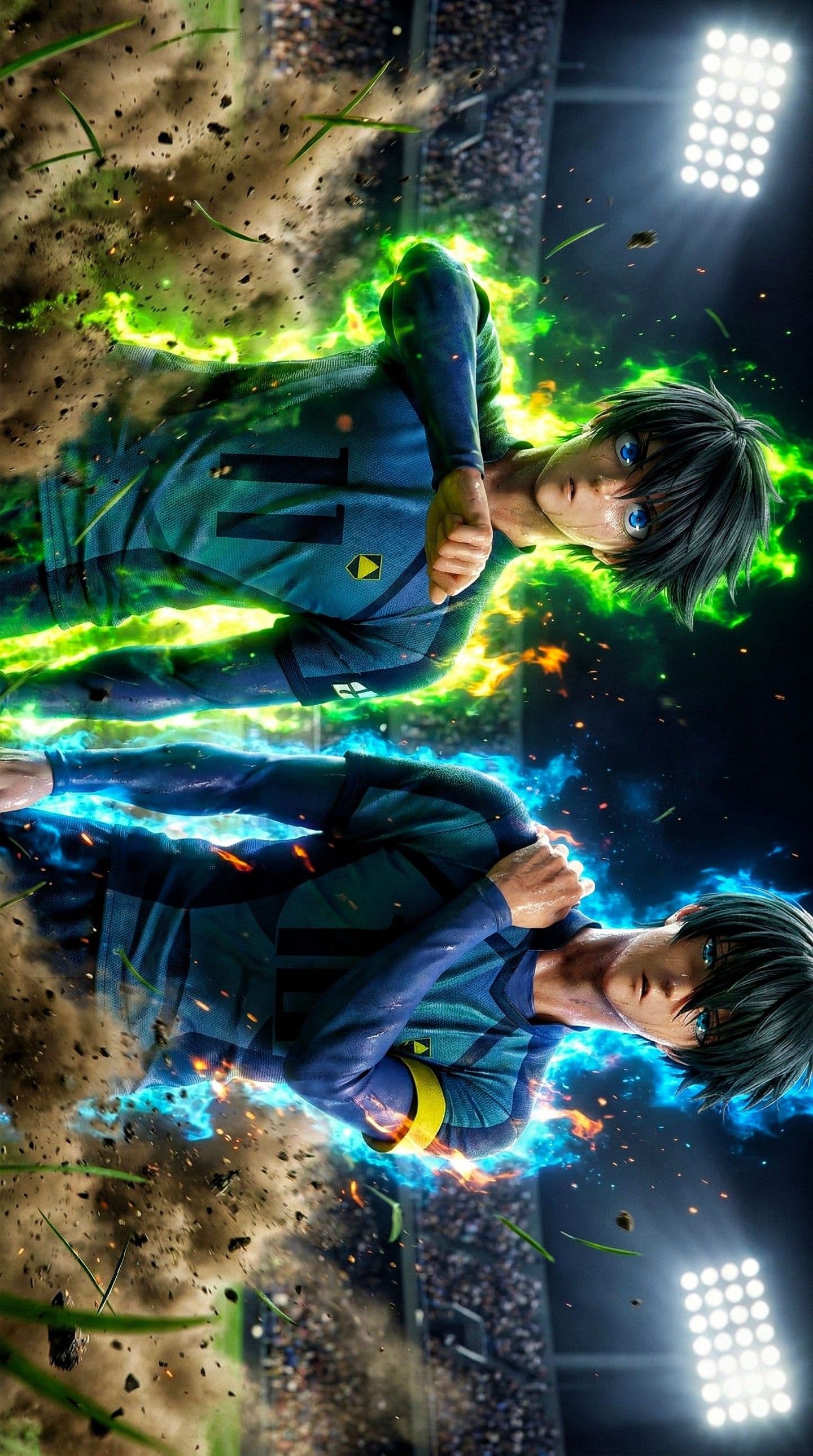 The image features two anime-style male characters in dynamic, mirrored poses within a stadium setting, surrounded by explosive energy effects. Both wear matching dark blue athletic uniforms with the number '11' and yellow accents, fully covering their bodies and emphasizing modesty. Their expressions convey intense focus and determination as they channel glowing green and blue energy, suggesting a powerful battle or special move. The background shows a packed stadium with bright overhead lights and flying debris, indicating a high-stakes sports or combat scene. The artwork employs sharp linework and cel-shaded shading to create a vibrant, high-energy visual, with dramatic lighting enhancing the characters' heroic presence. The overall atmosphere is epic and thrilling, capturing a moment of peak action with emotional intensity and visual spectacle.