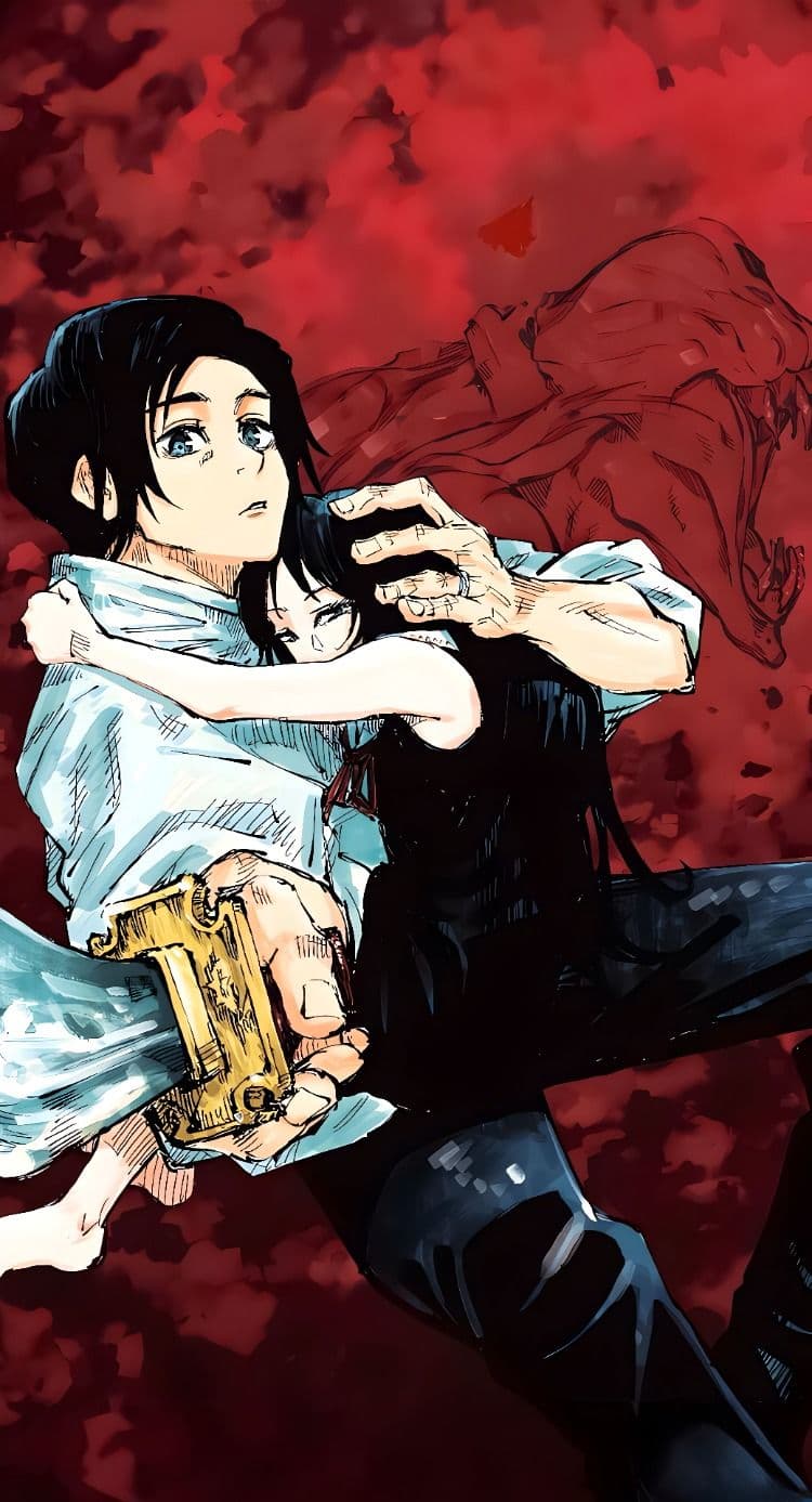 The image features two central characters, a young man with dark hair and blue eyes wearing a white button-down shirt, and a young girl with long black hair in a dark dress clinging to him. The male character holds a large, ornate golden-hilted sword in the foreground, while his other hand gently rests on the girl's head, showcasing a protective and somber pose. In the background, a large, monstrous red entity with sharp teeth looms, rendered in a sketchy, blood-red style that contrasts with the characters. The artistic technique utilizes sharp, sketch-like line work and a limited color palette of red, white, and black, reminiscent of high-quality manga cover art. The overall atmosphere is intense, melancholic, and protective, suggesting a high-stakes supernatural or dark fantasy narrative. The emotional tone is heavy with a sense of burden and determination.